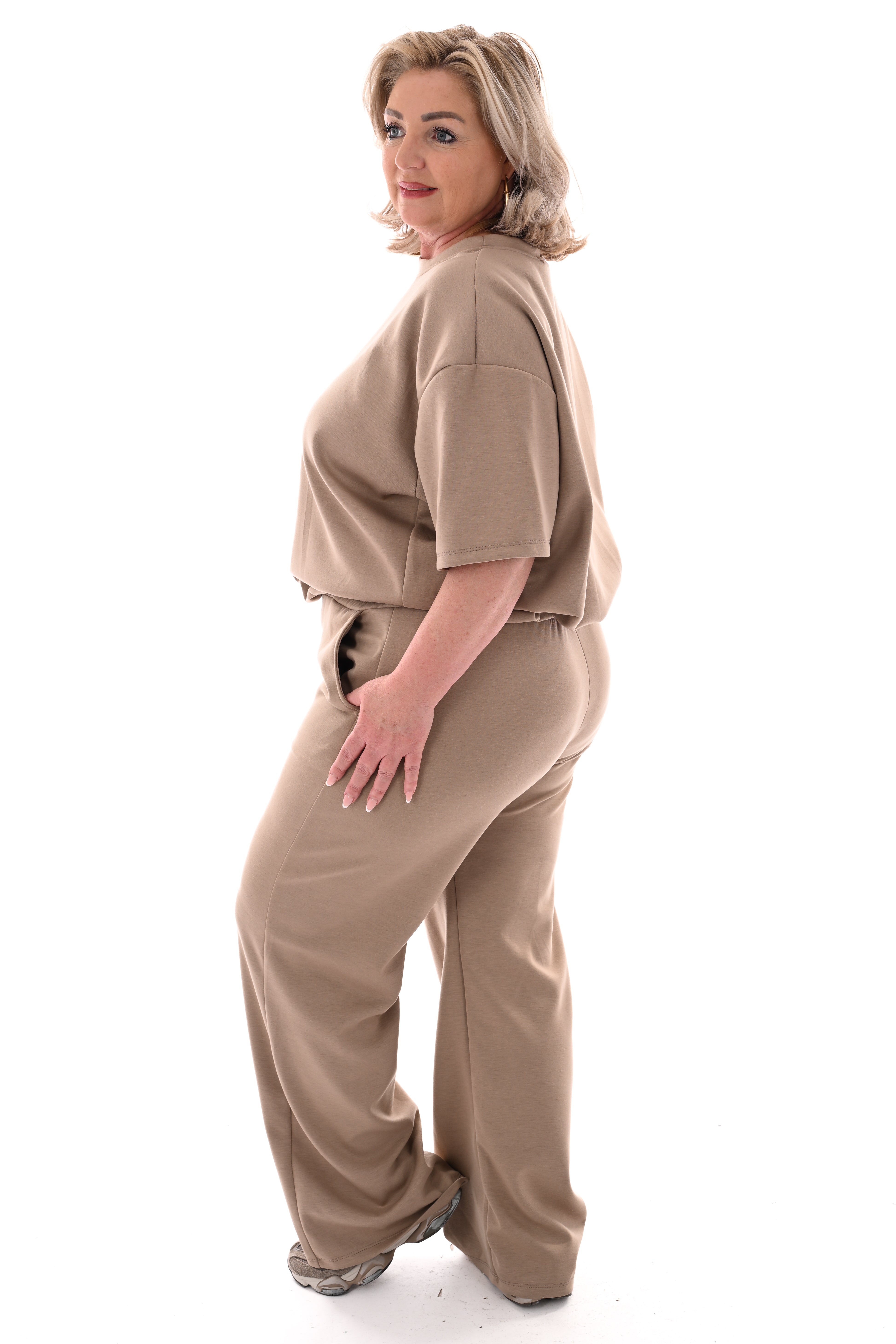 Tweedelig set elastieken band korte mouwen taupe