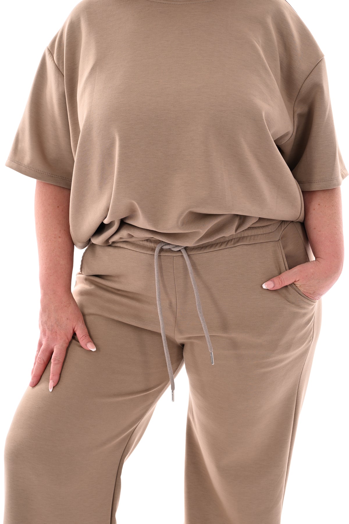 Tweedelig set elastieken band korte mouwen taupe