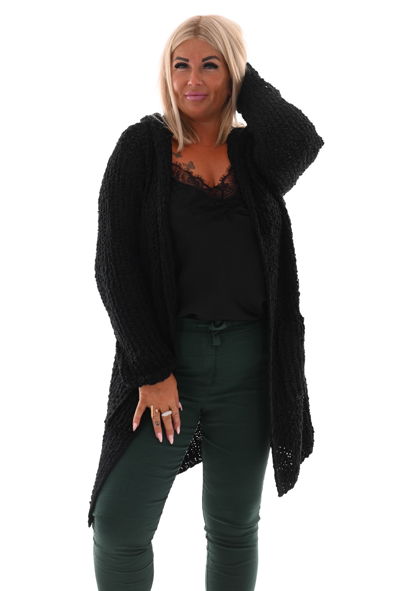 Half lang vest boucle met capuchon zwart