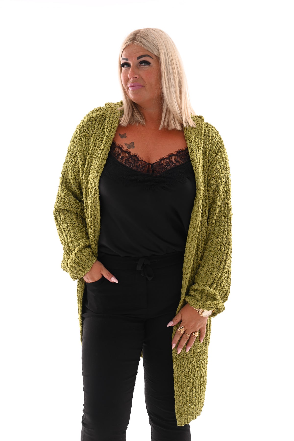 Half lang vest boucle met capuchon groen