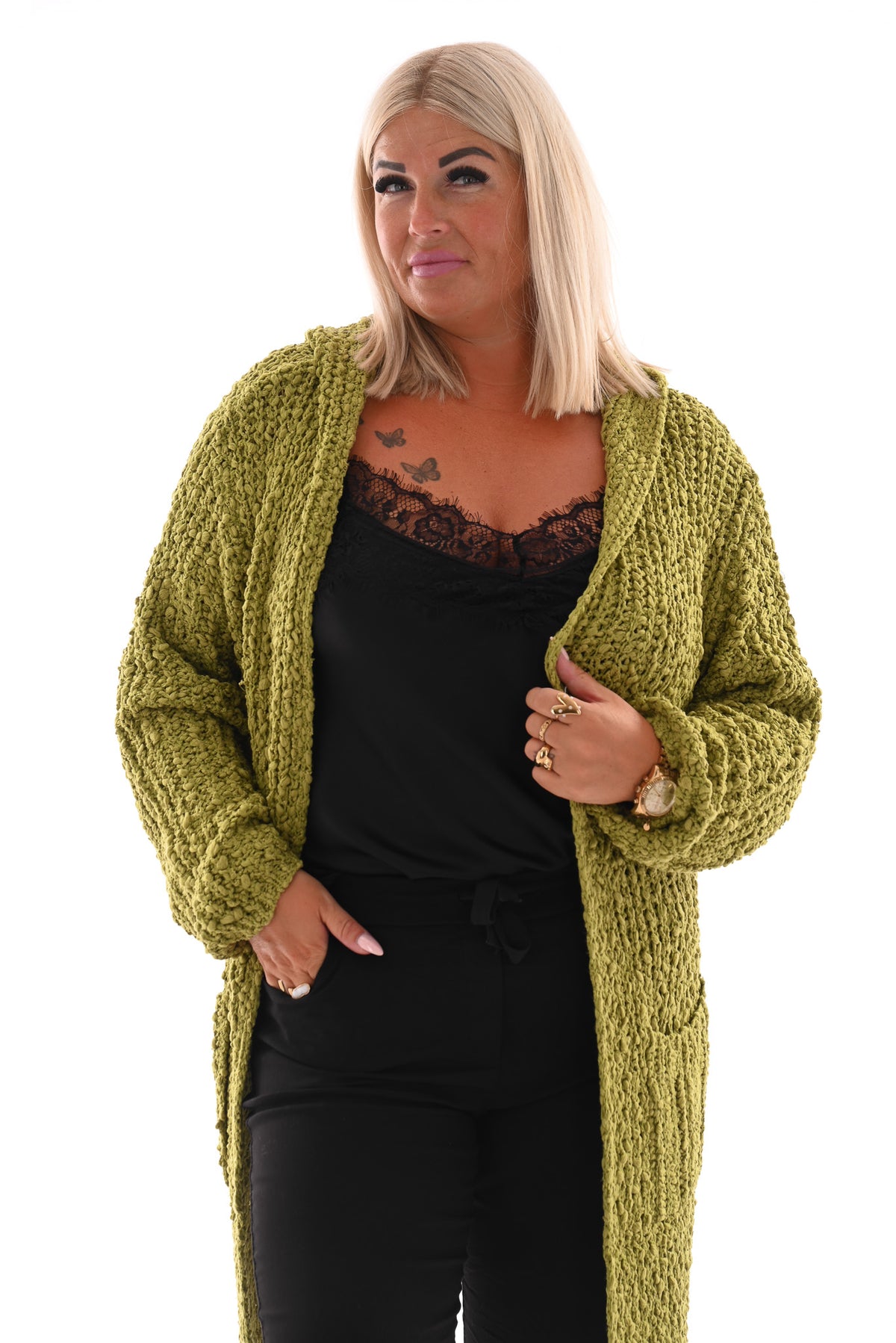 Half lang vest boucle met capuchon groen