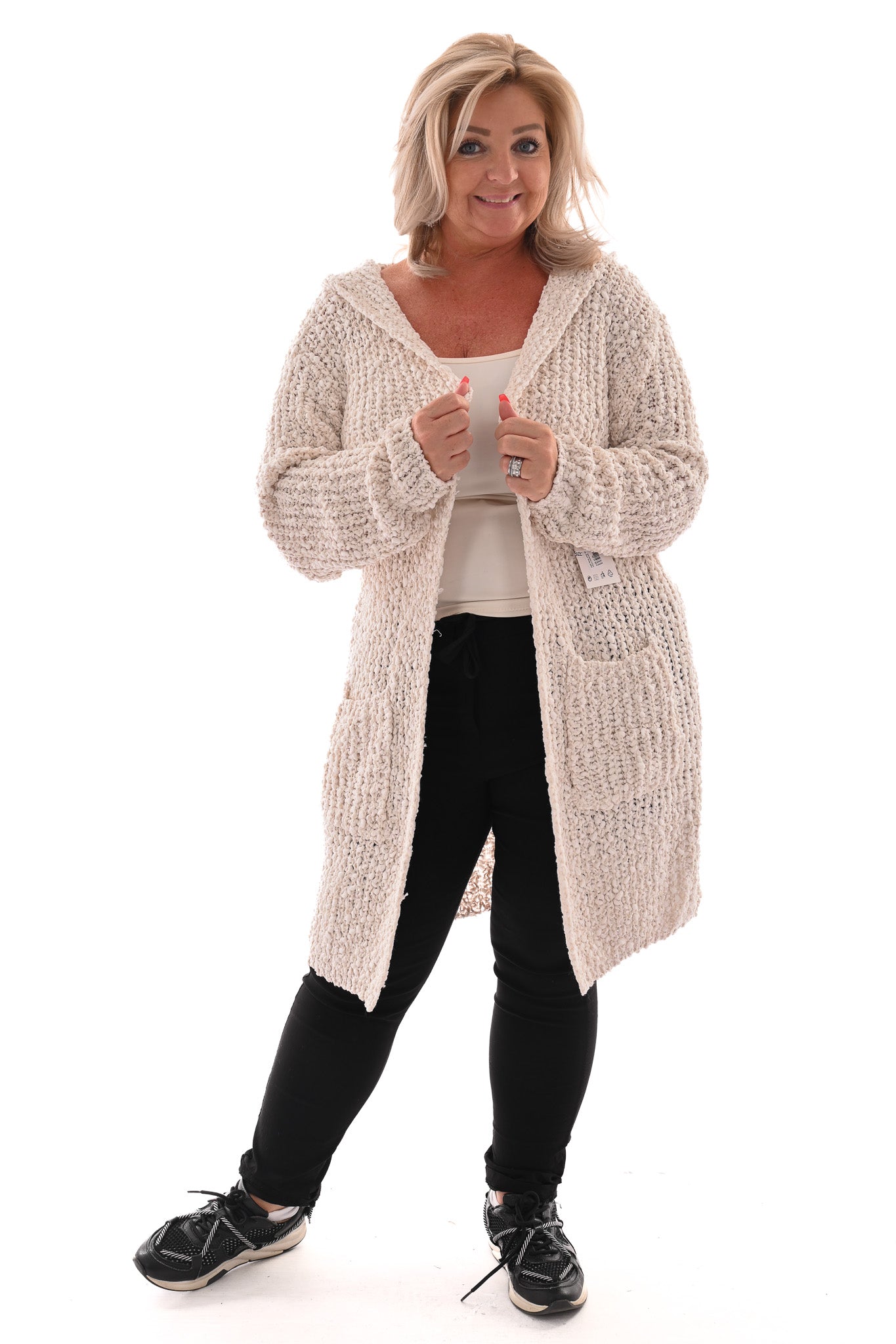 Half lang vest boucle met capuchon roomwit