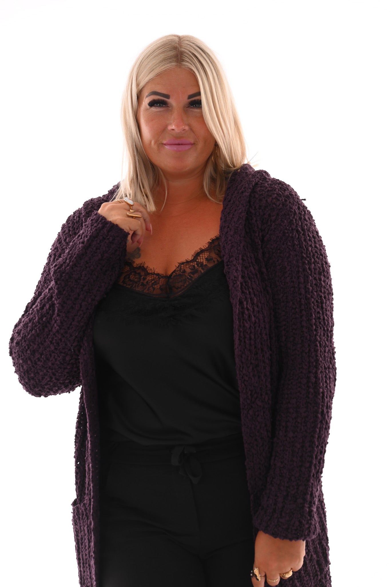 Half lang vest boucle met capuchon paars