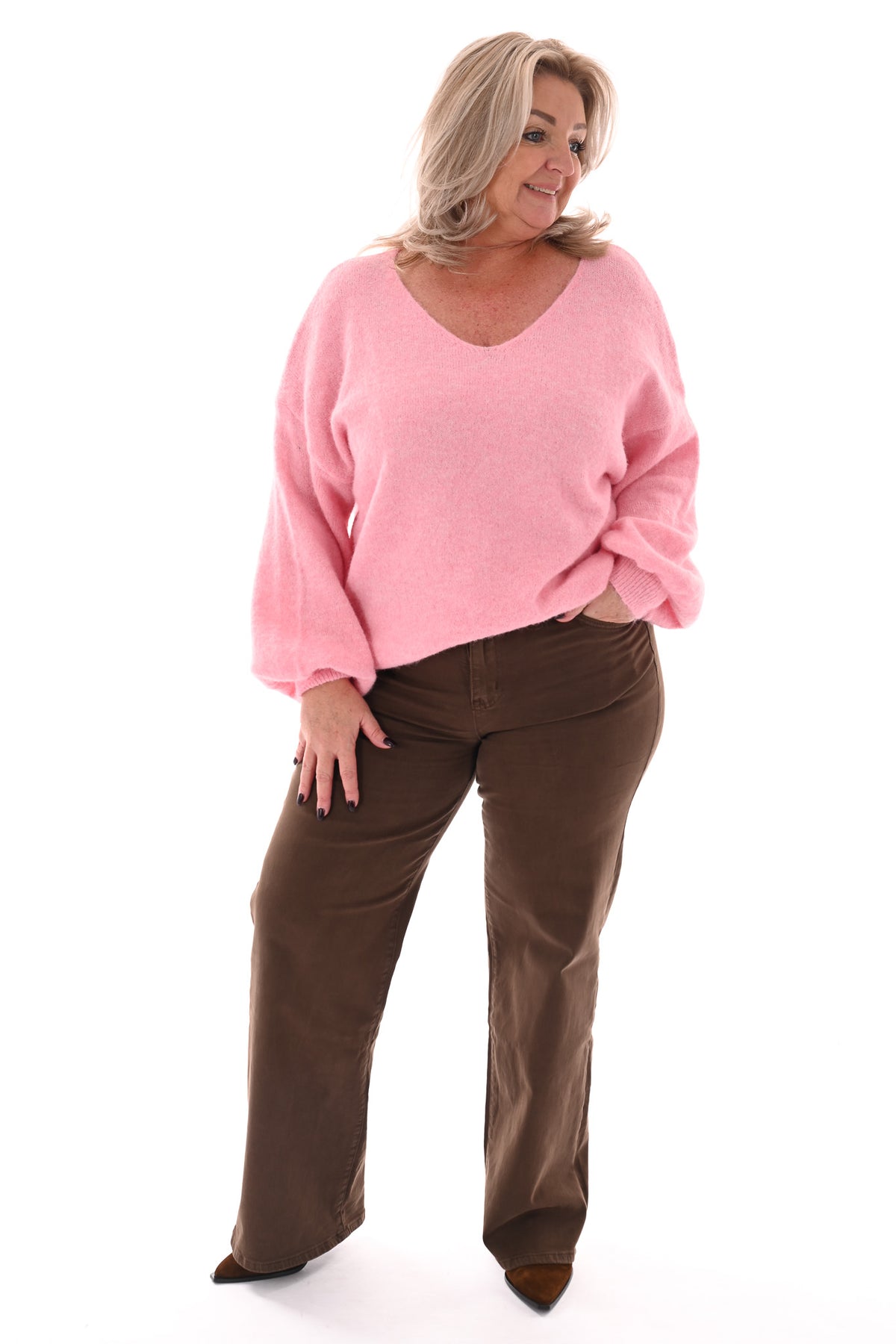 Fijn gebreide basic trui v-hals lichtroze