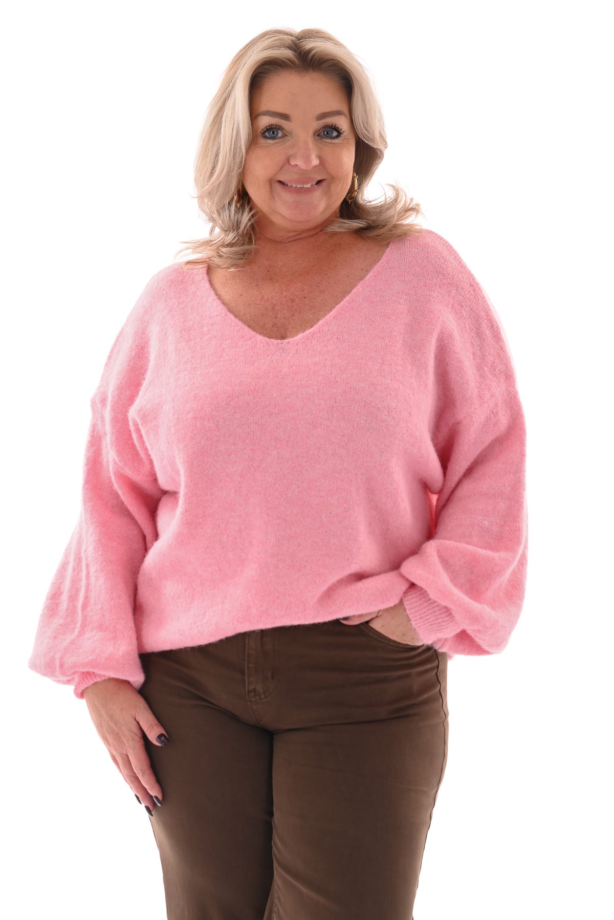 Fijn gebreide basic trui v-hals lichtroze