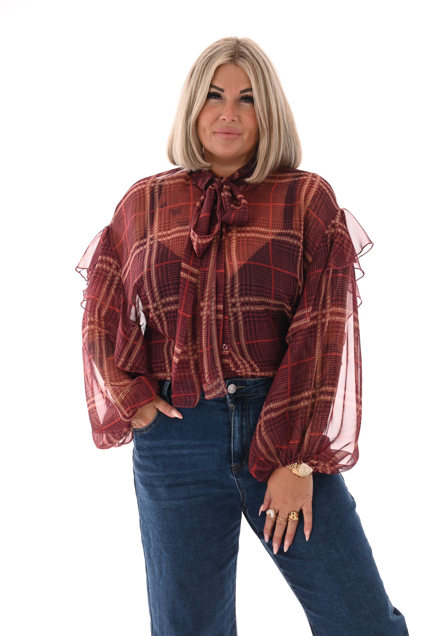 Doorknoop blouse ruitprint roezels aubergine