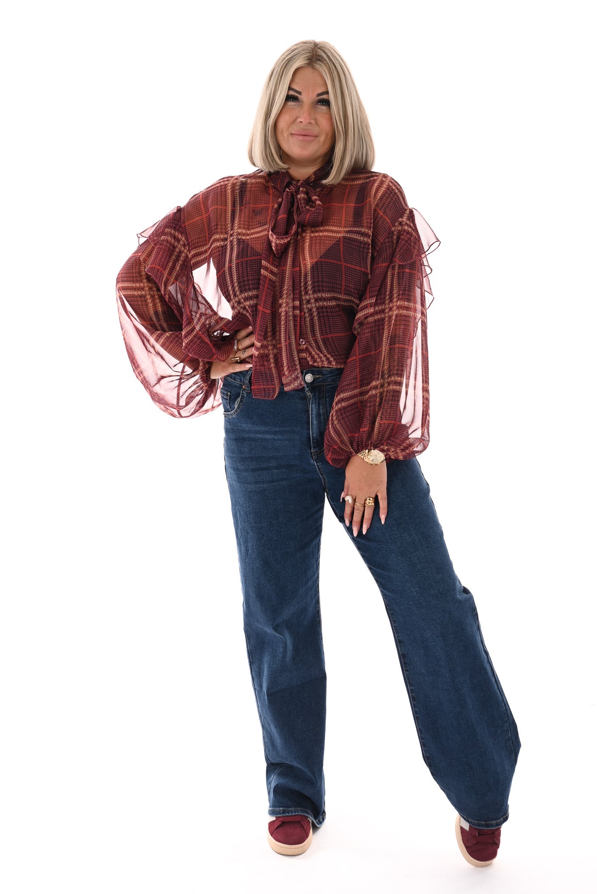 Doorknoop blouse ruitprint roezels aubergine