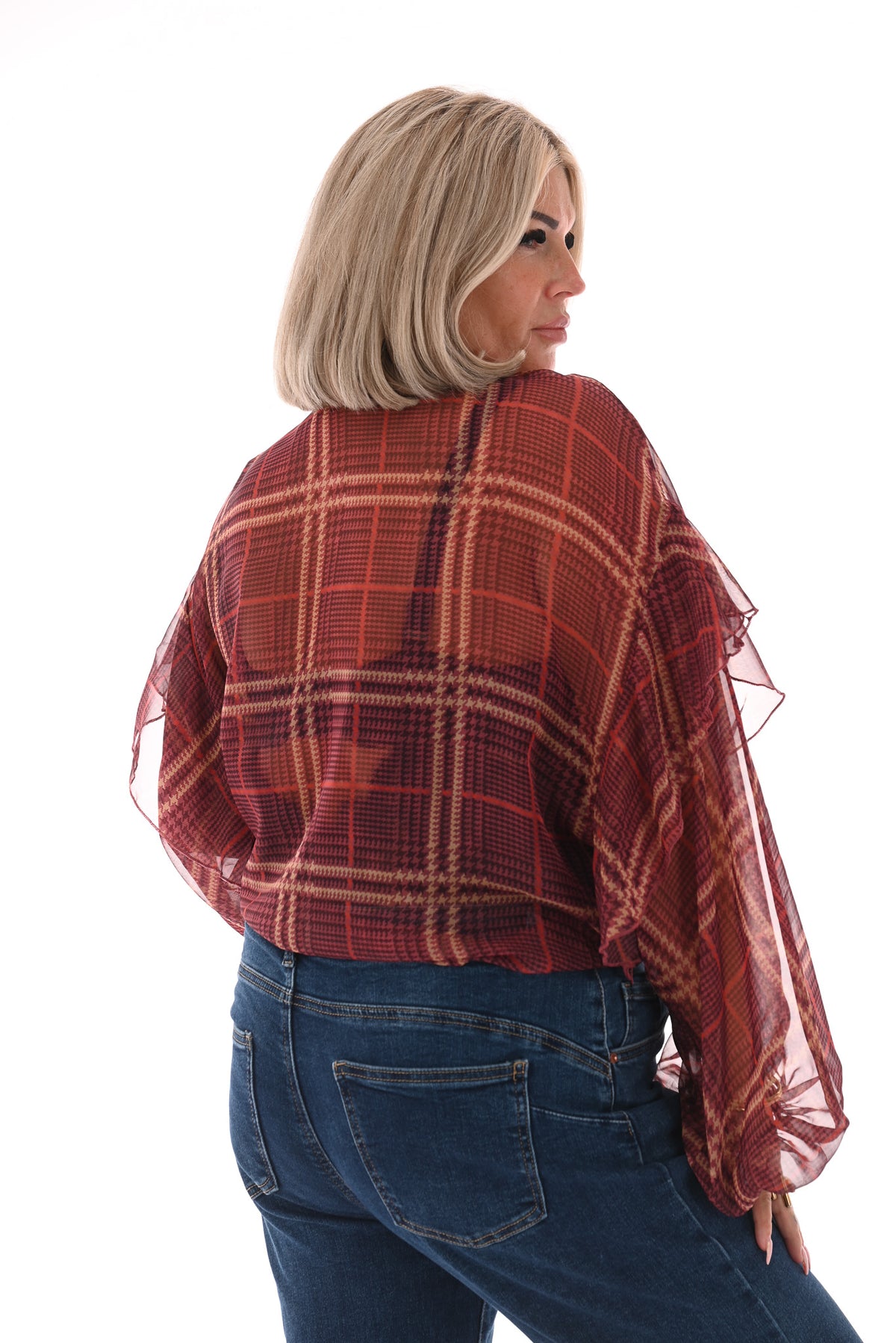 Doorknoop blouse ruitprint roezels aubergine