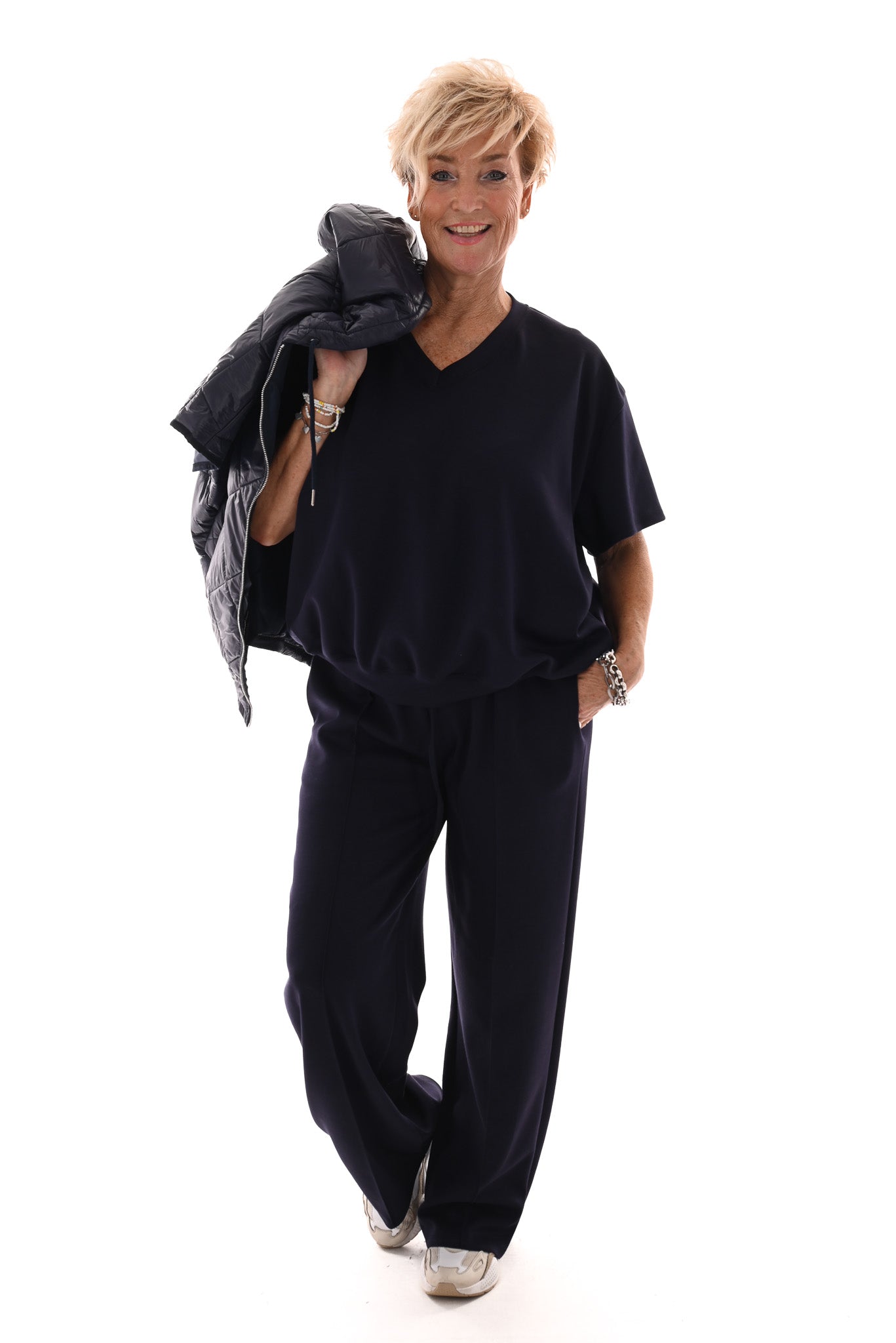 Tweedelig jogging set v-hals met boord uni marineblauw