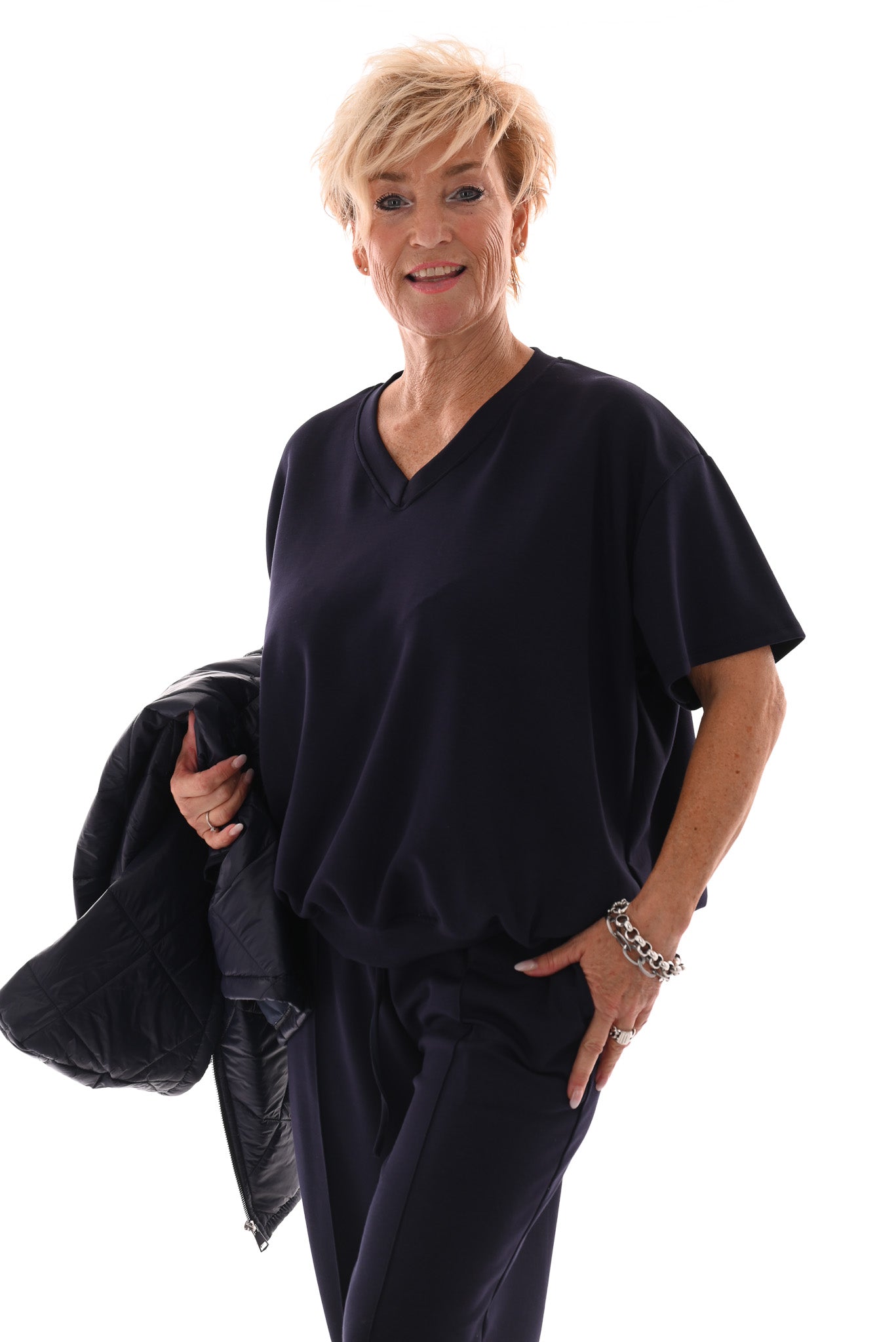 Tweedelig jogging set v-hals met boord uni marineblauw
