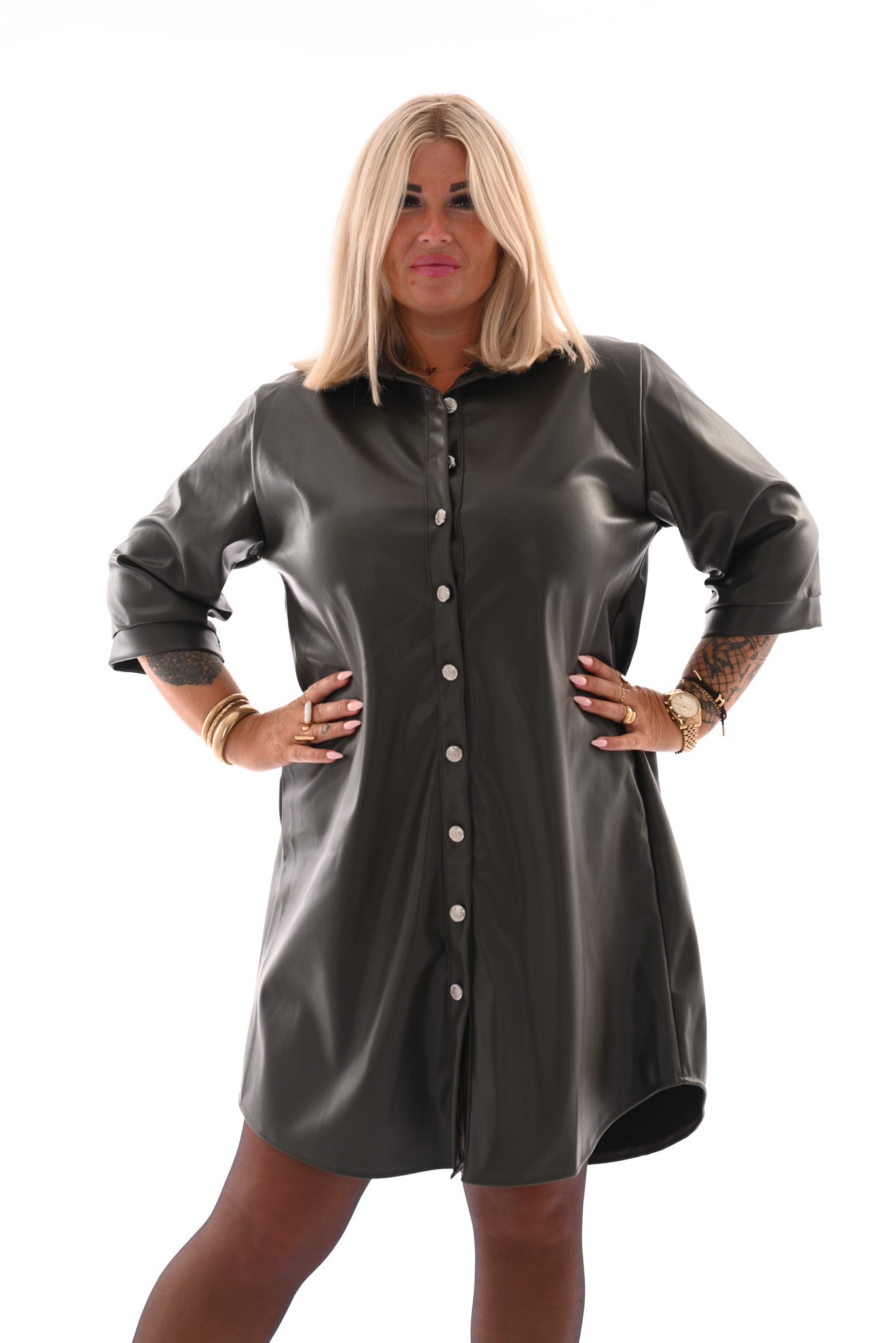Leatherlook doorknoop jurk olijfgroen