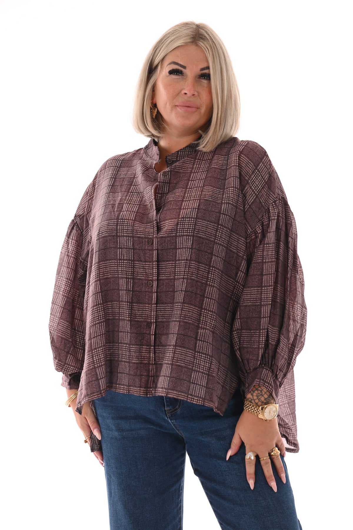 Doorknoop blouse ruit aubergine