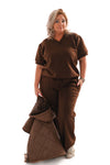 Tweedelig jogging set v-hals met boord uni bruin