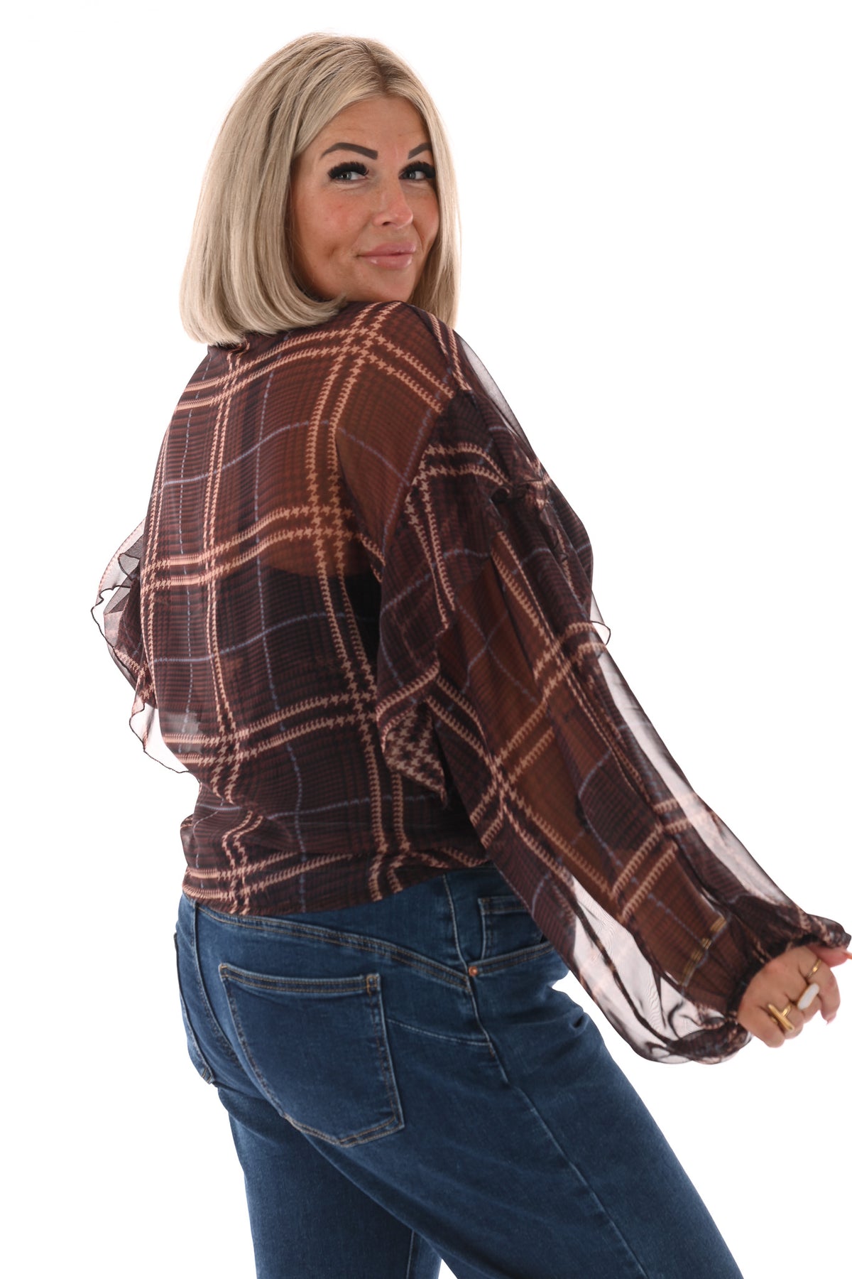 Doorknoop blouse ruitprint roezels donkerbruin