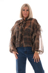 Doorknoop blouse ruitprint roezels camel