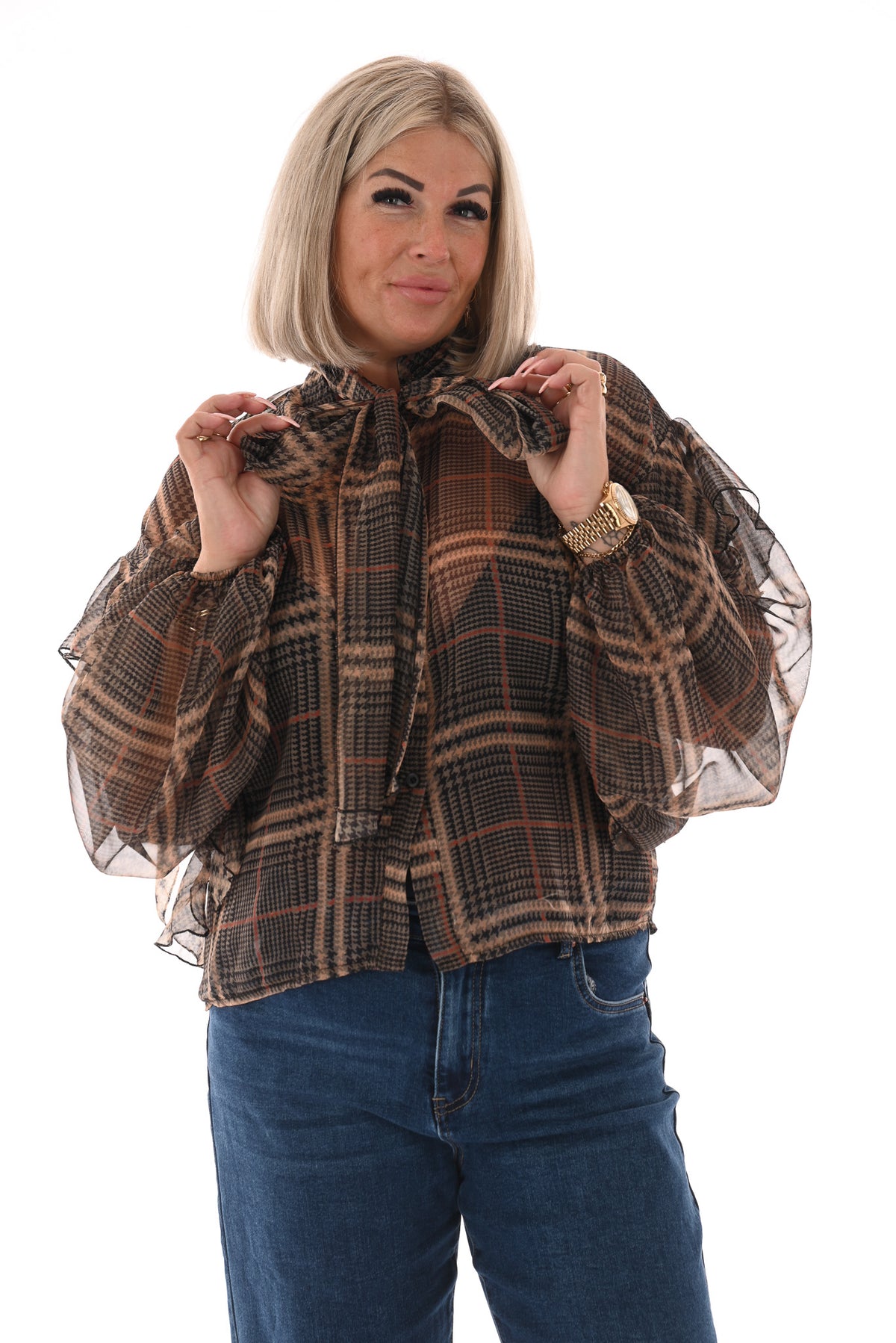 Doorknoop blouse ruitprint roezels camel