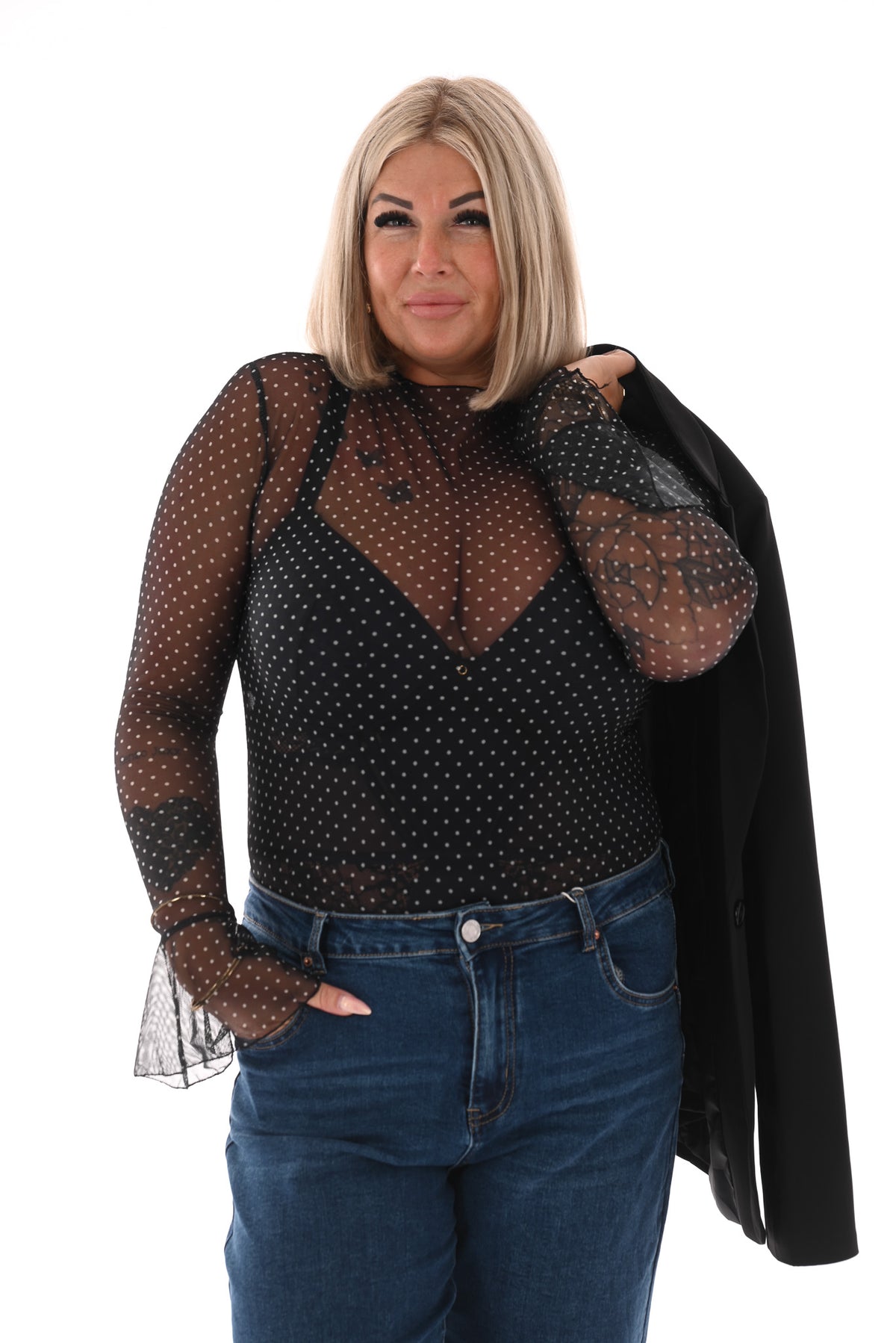 Top kleine dots trompetmouwen zwart