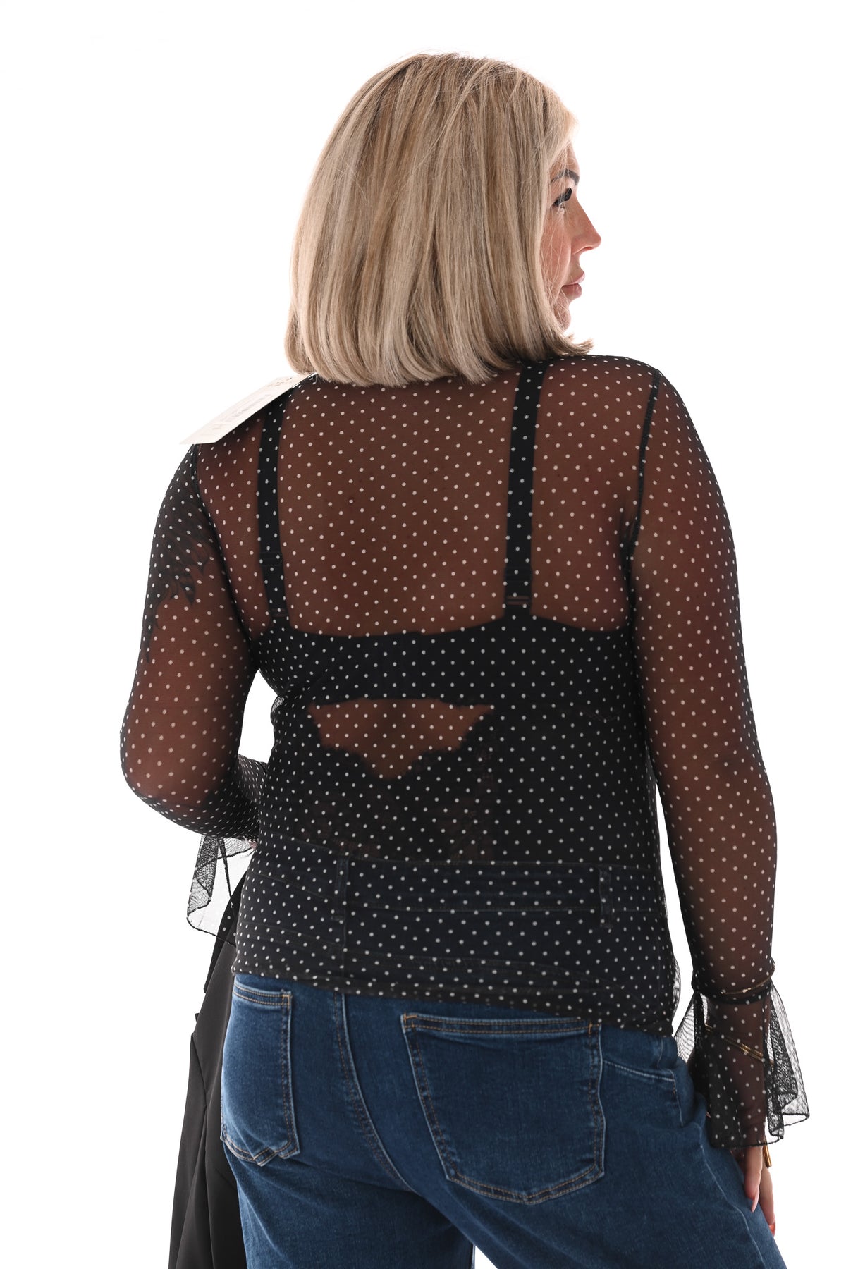 Top kleine dots trompetmouwen zwart