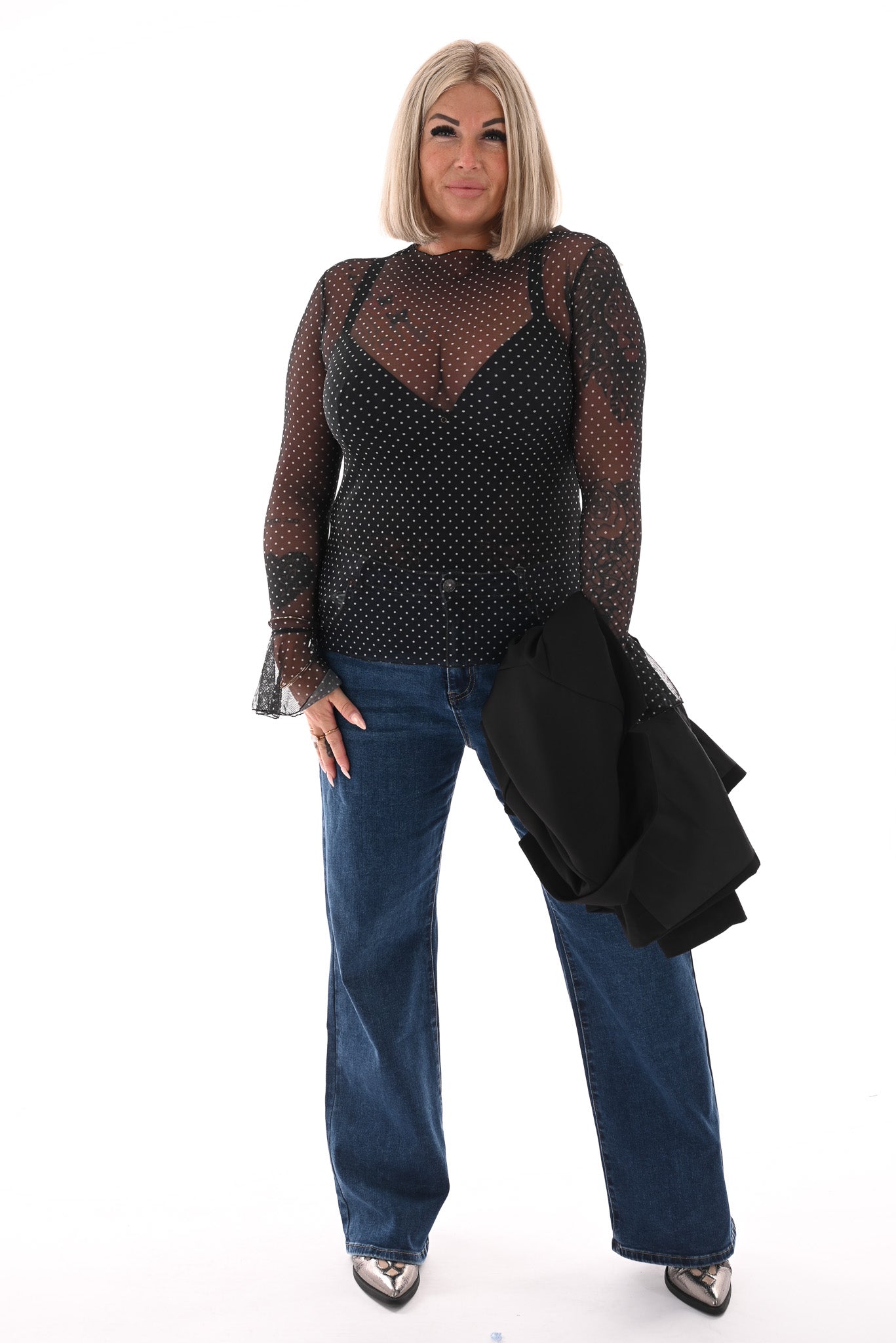 Top kleine dots trompetmouwen zwart