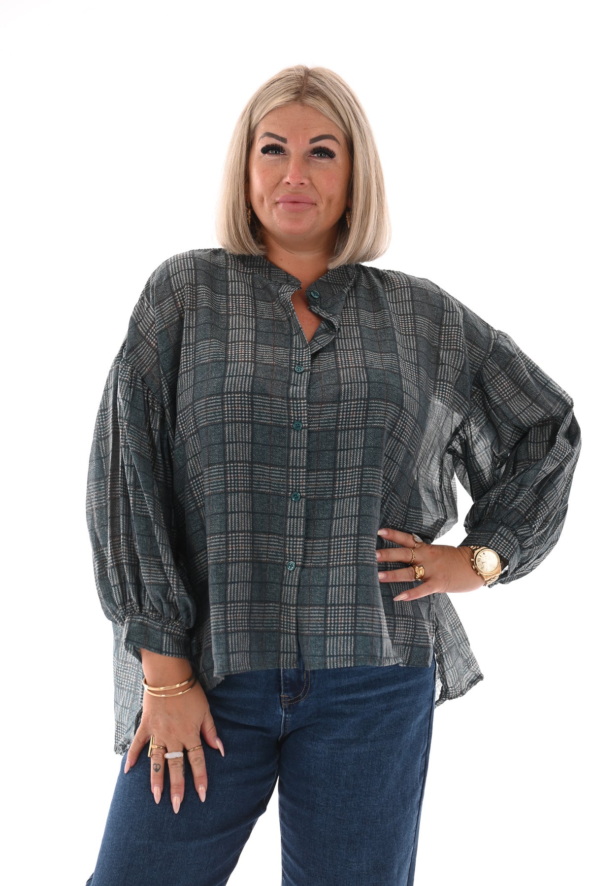 Doorknoop blouse ruit petrol