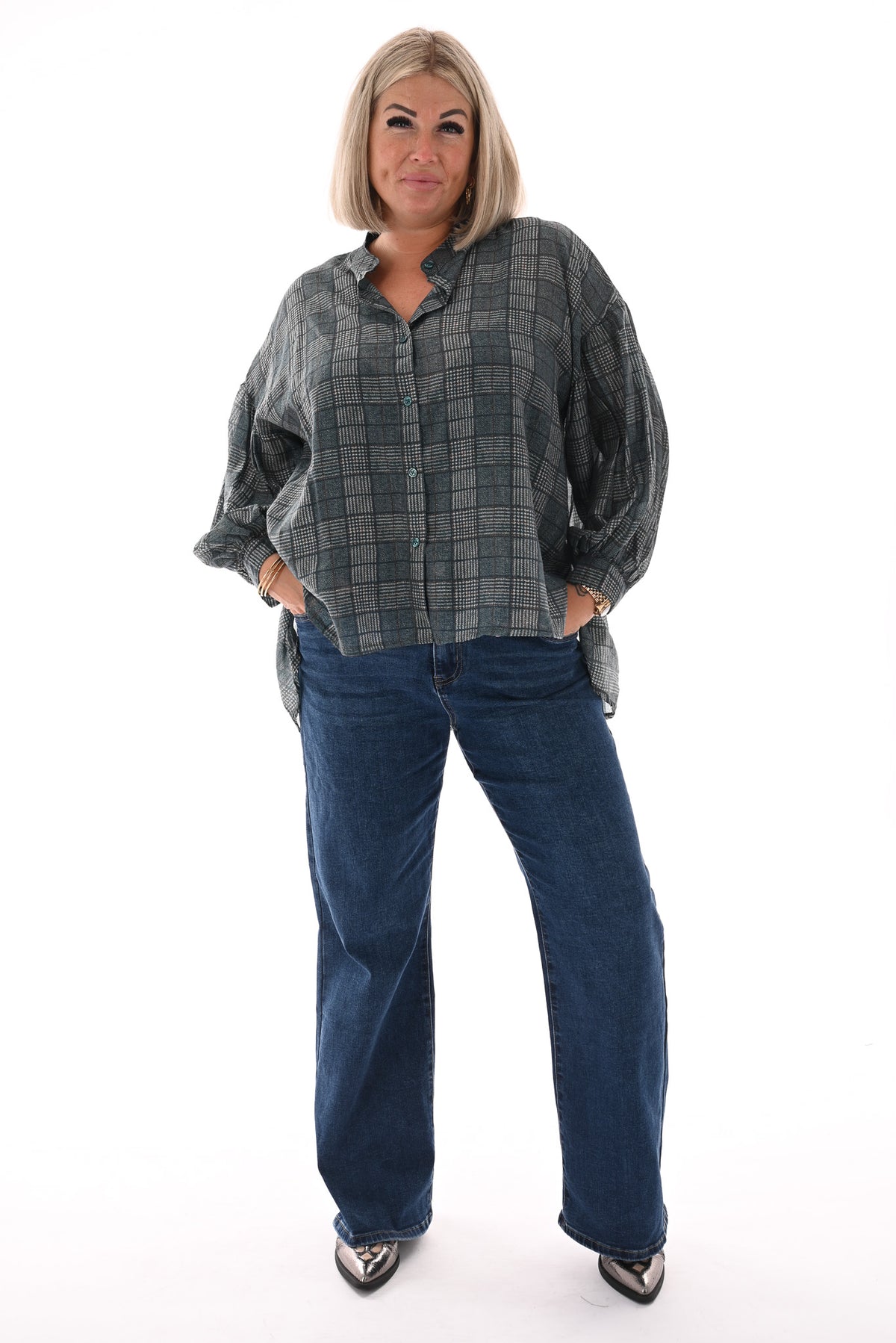 Doorknoop blouse ruit petrol