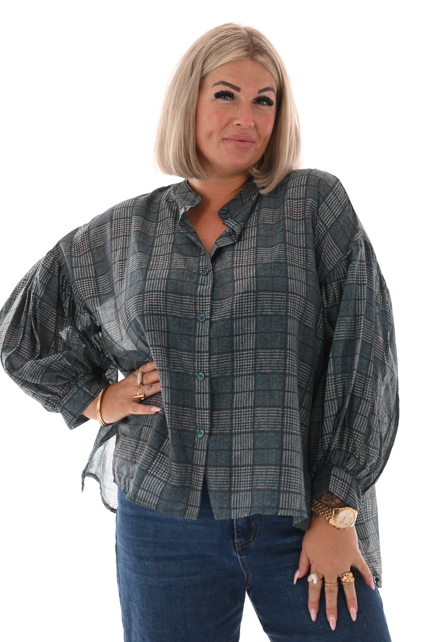 Doorknoop blouse ruit petrol