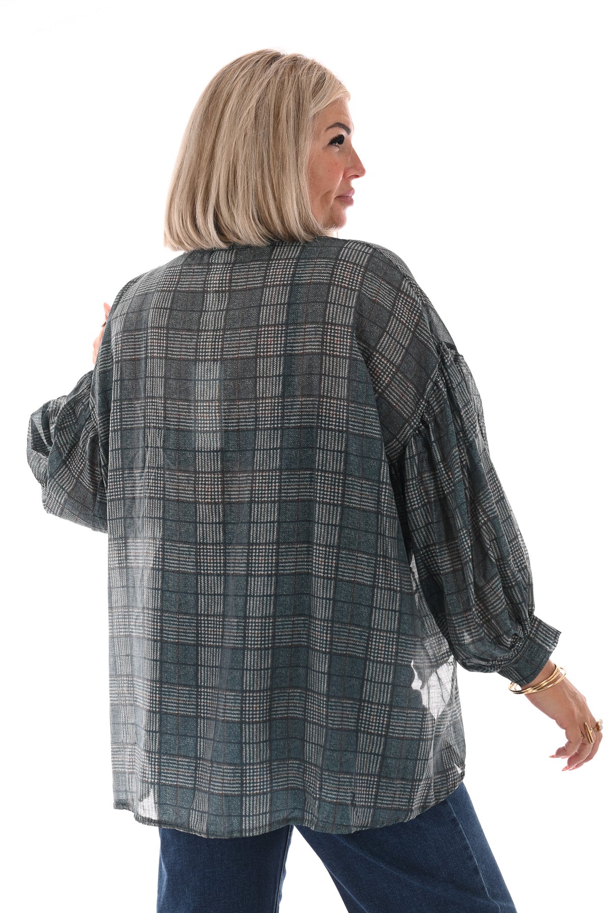 Doorknoop blouse ruit petrol