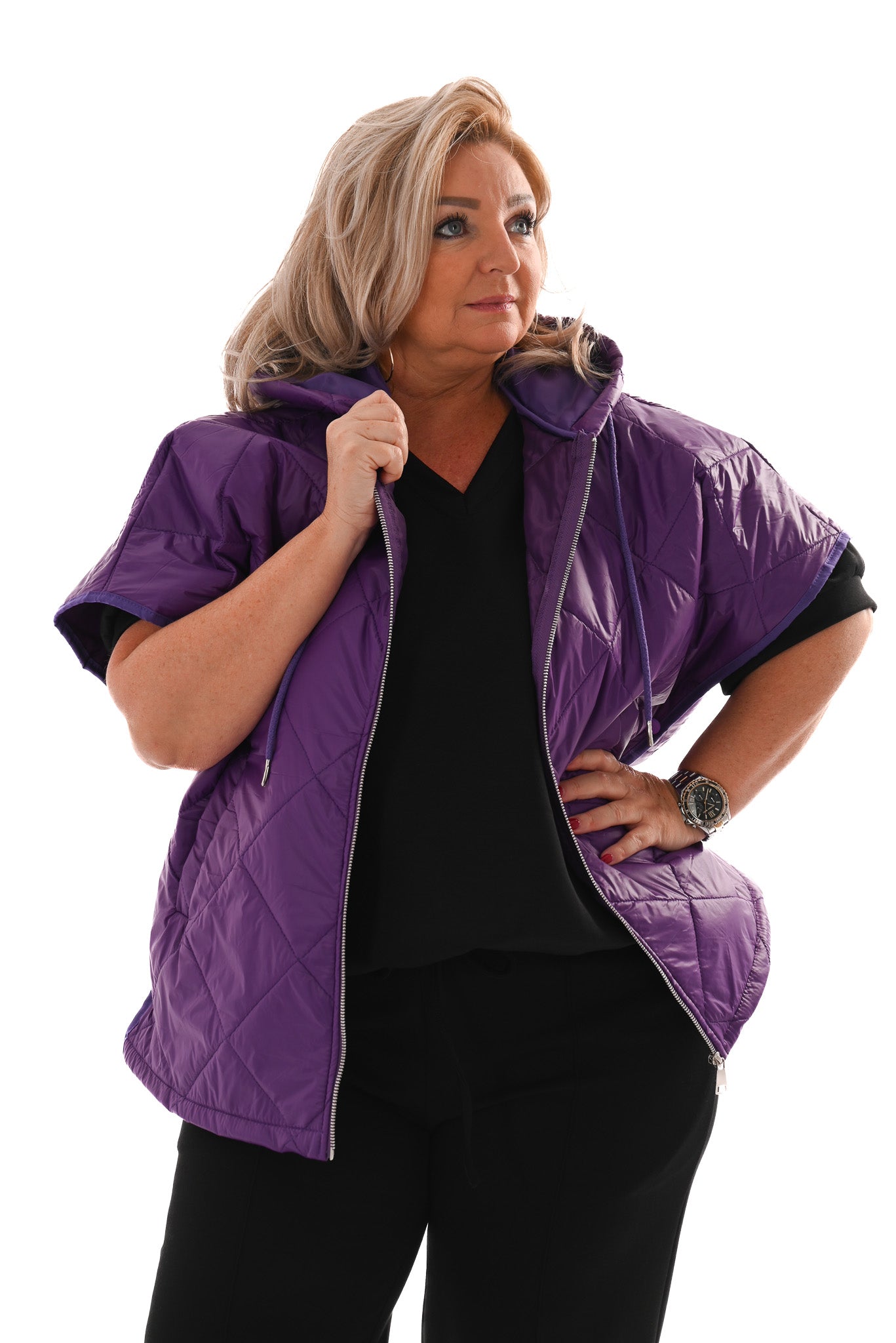 Korte bodywarmer met capuchon paars