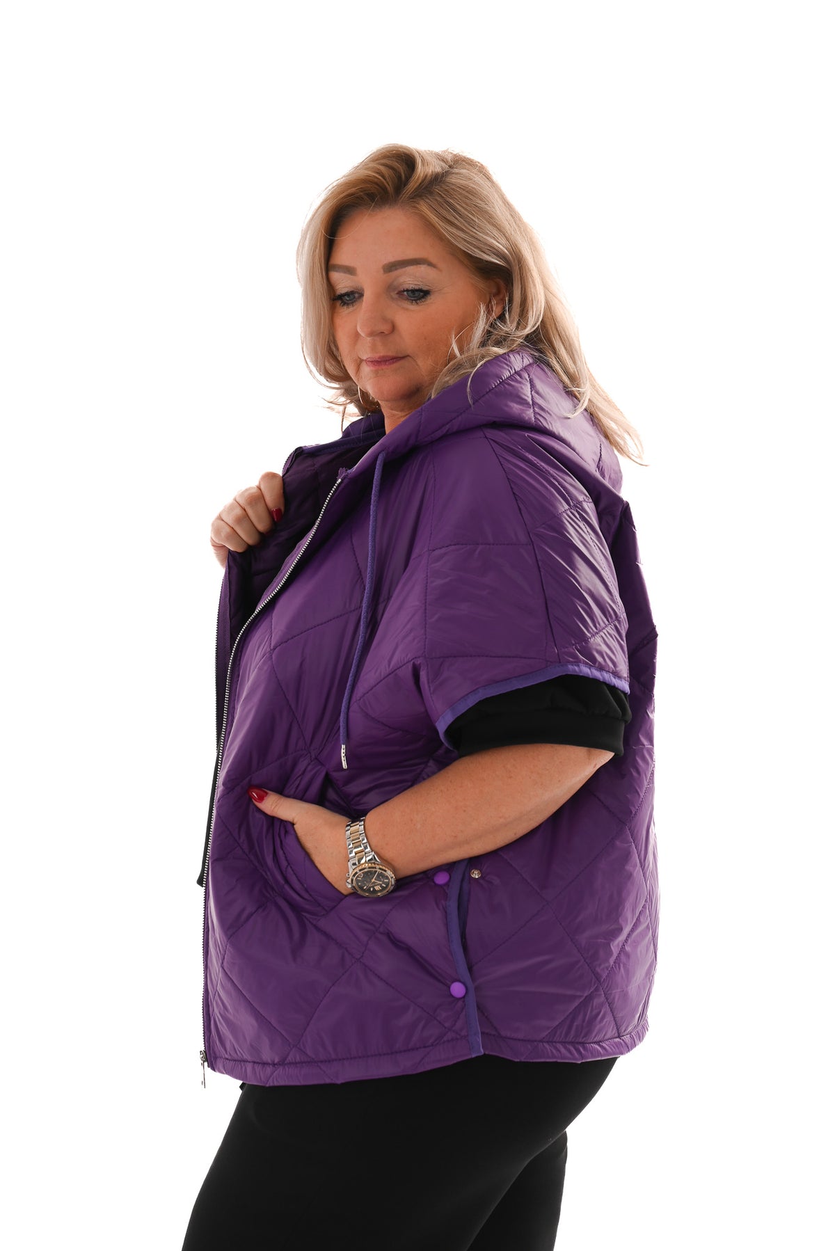 Korte bodywarmer met capuchon paars