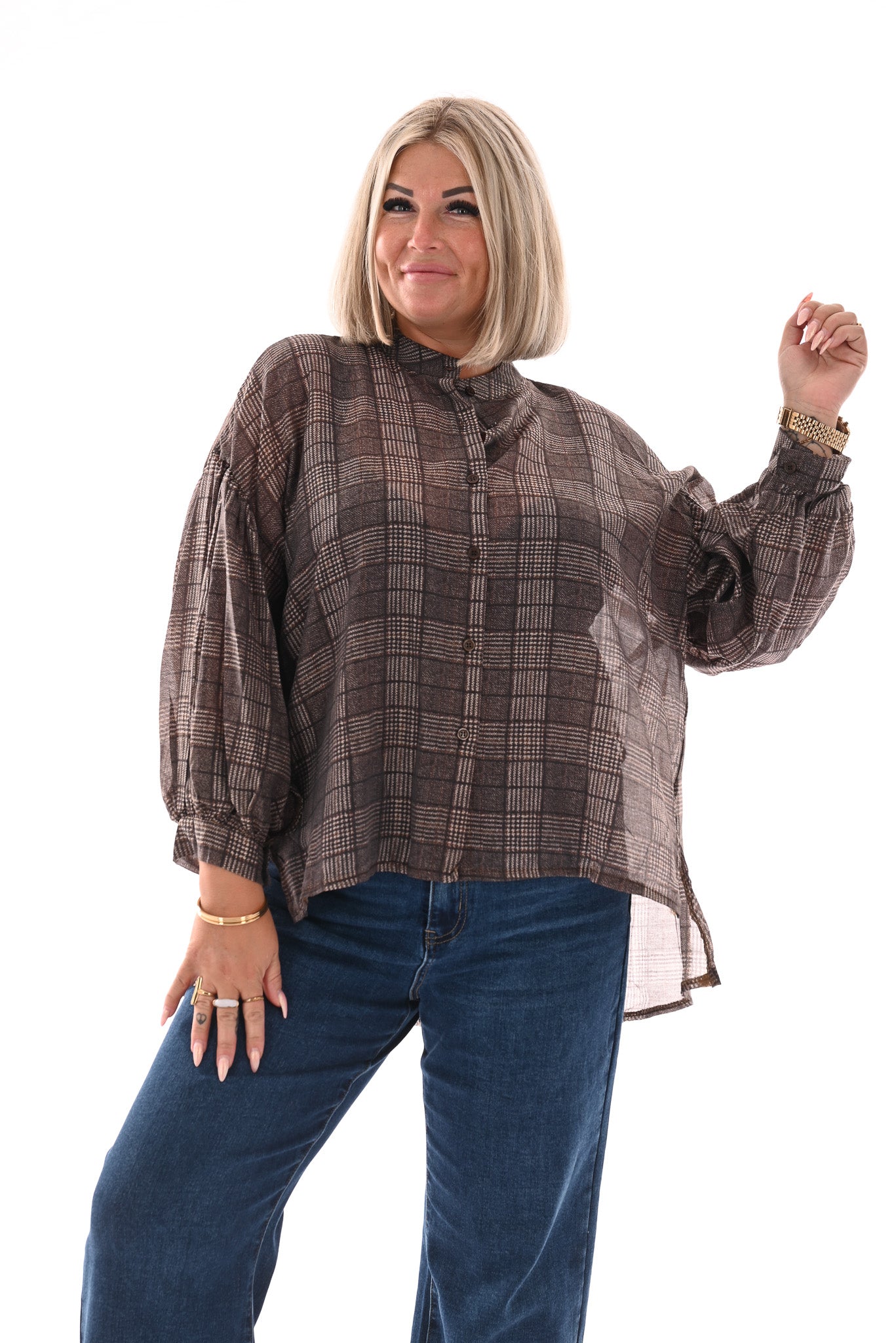 Doorknoop blouse ruit bruin