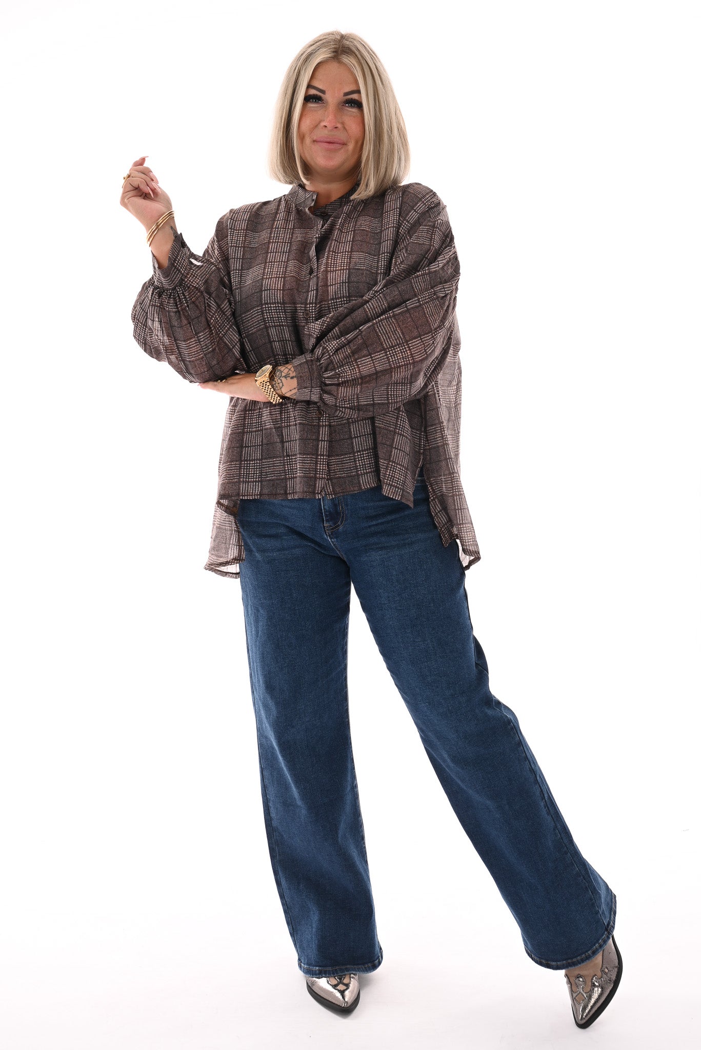 Doorknoop blouse ruit bruin