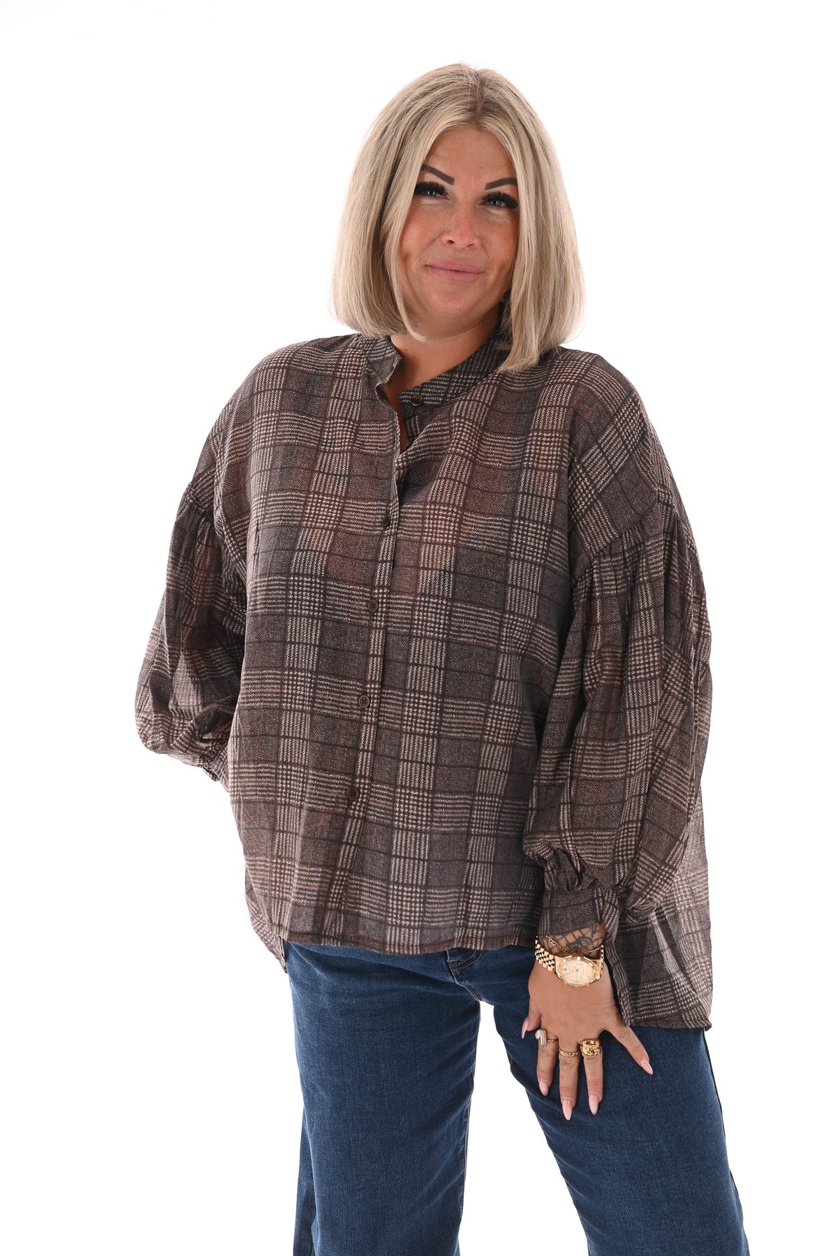 Doorknoop blouse ruit bruin