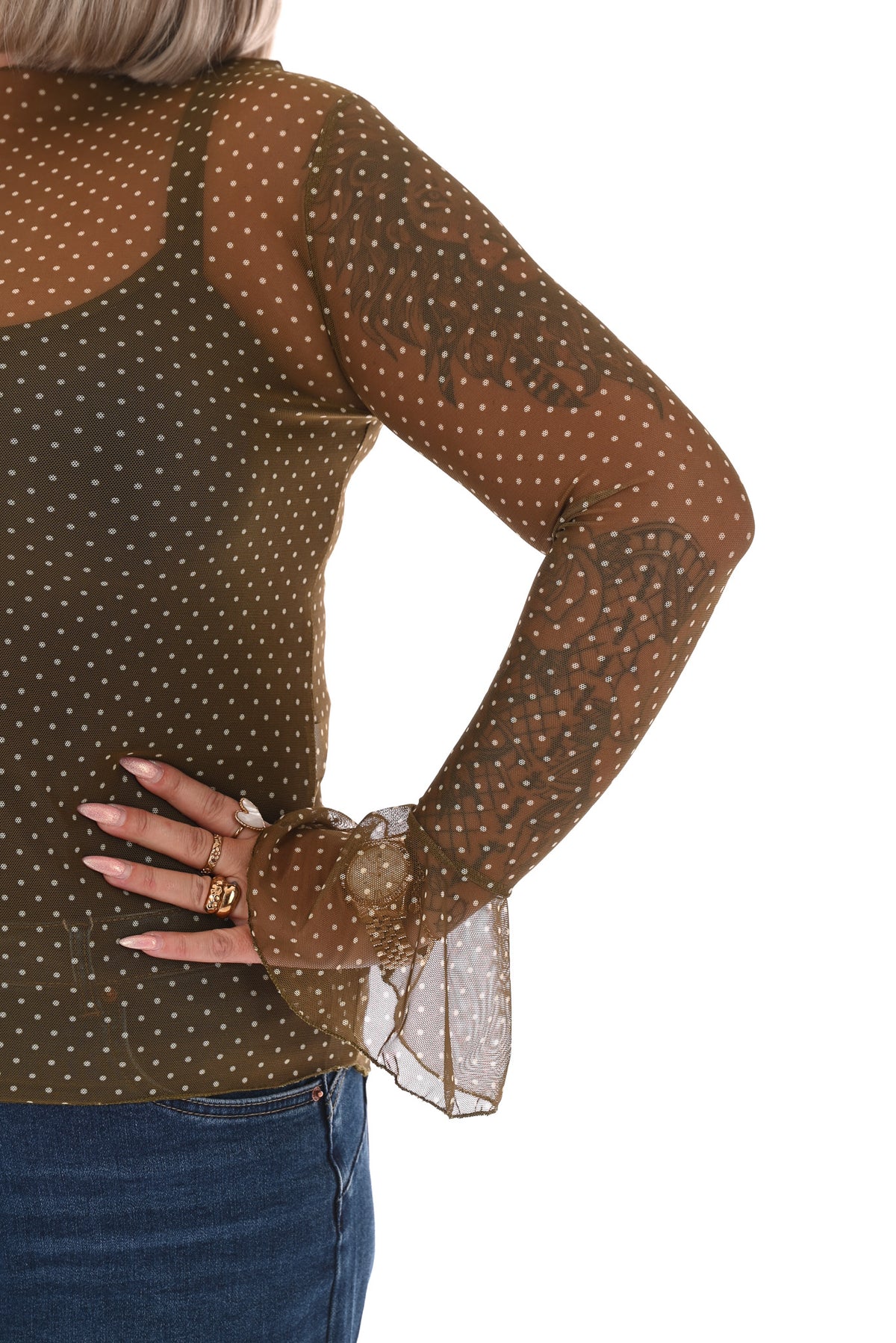 Top kleine dots trompetmouwen groen