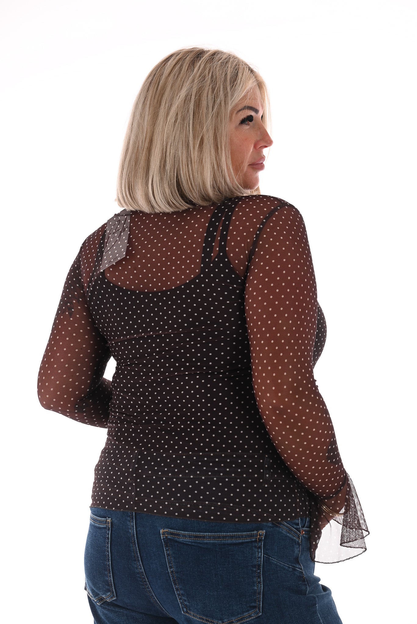 Top kleine dots trompetmouwen bruin