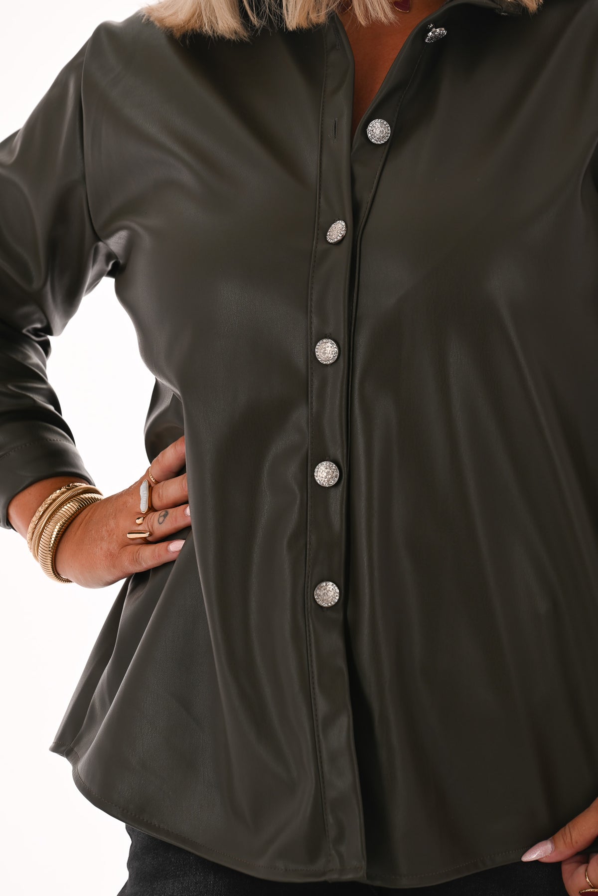 Leatherlook doorknoop blouse olijfgroen