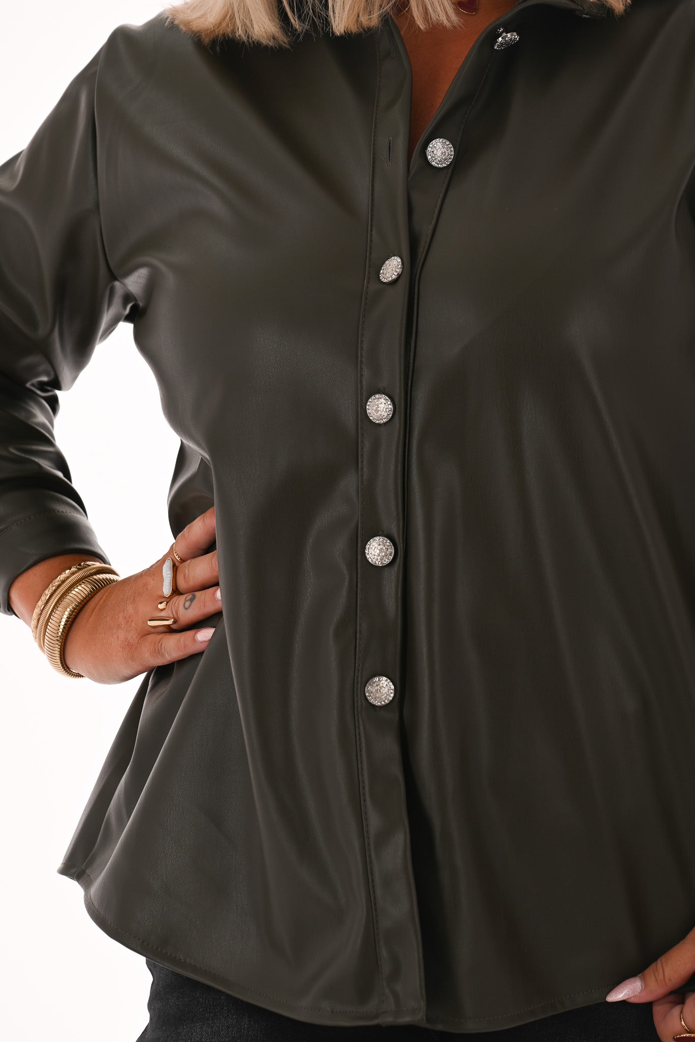 Leatherlook doorknoop blouse olijfgroen