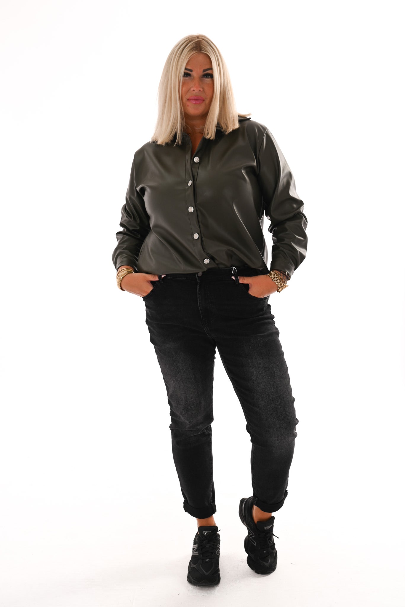 Leatherlook doorknoop blouse olijfgroen