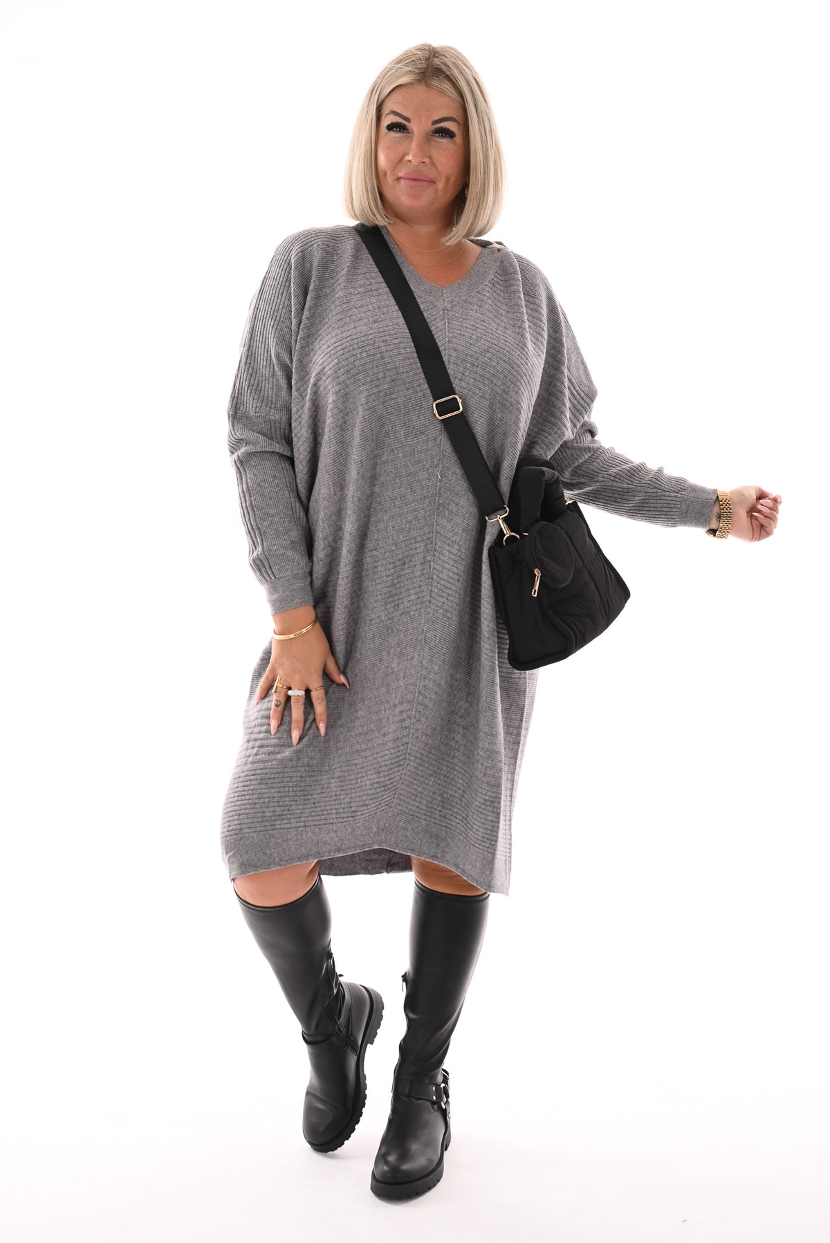 Jurk lijnen v-hals grijs