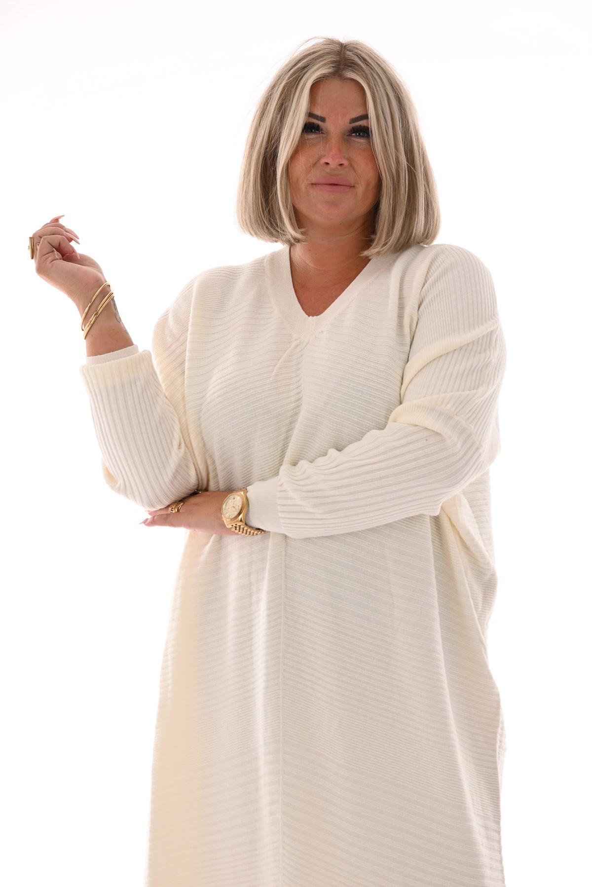 Jurk lijnen v-hals roomwit