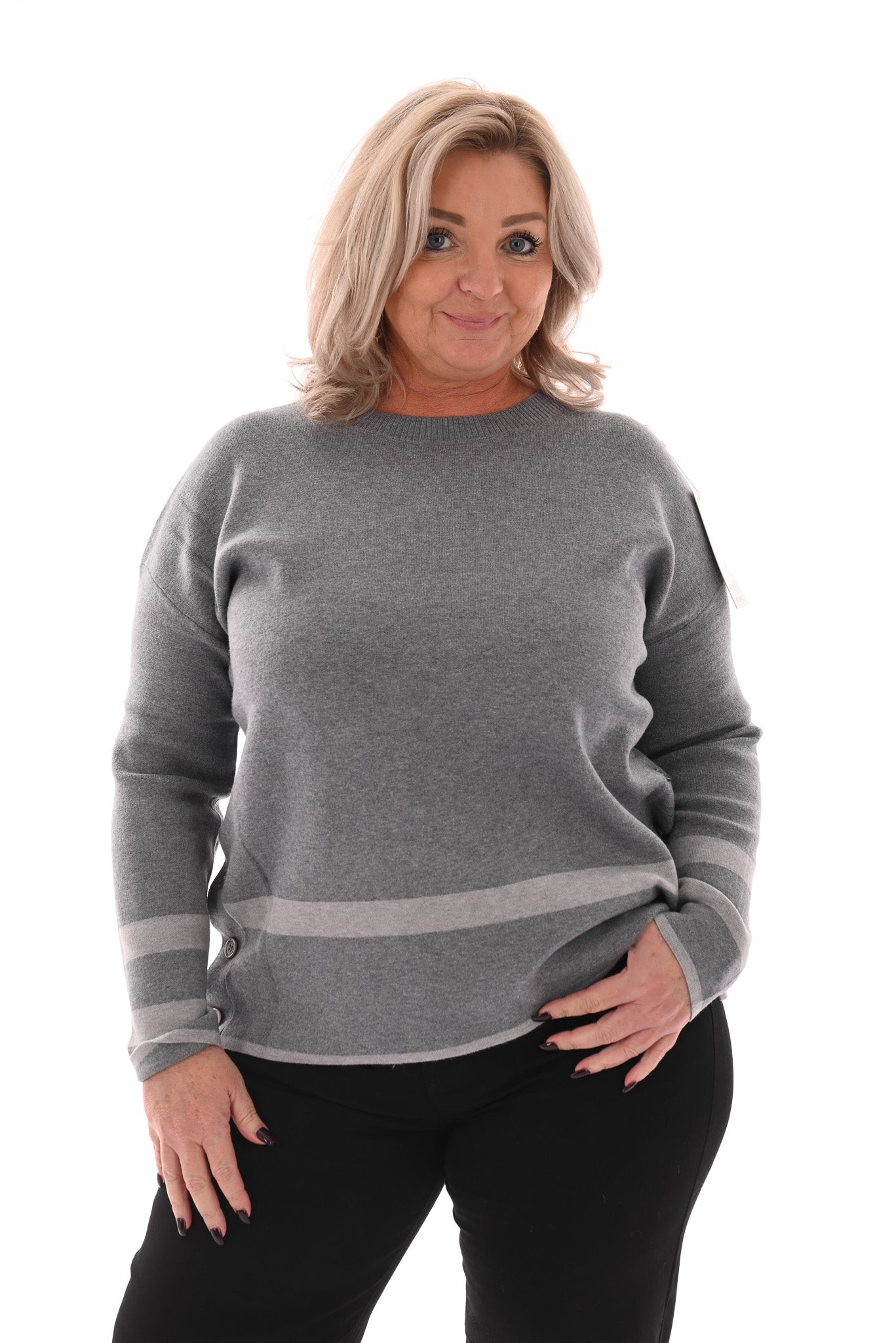 Trui met streep en knopen grijs