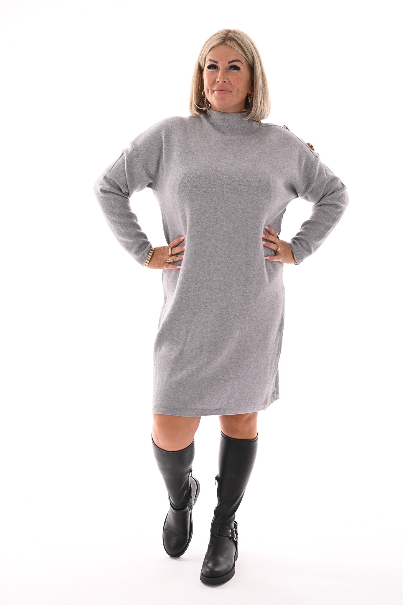 Jurk grote gouden knopen grijs