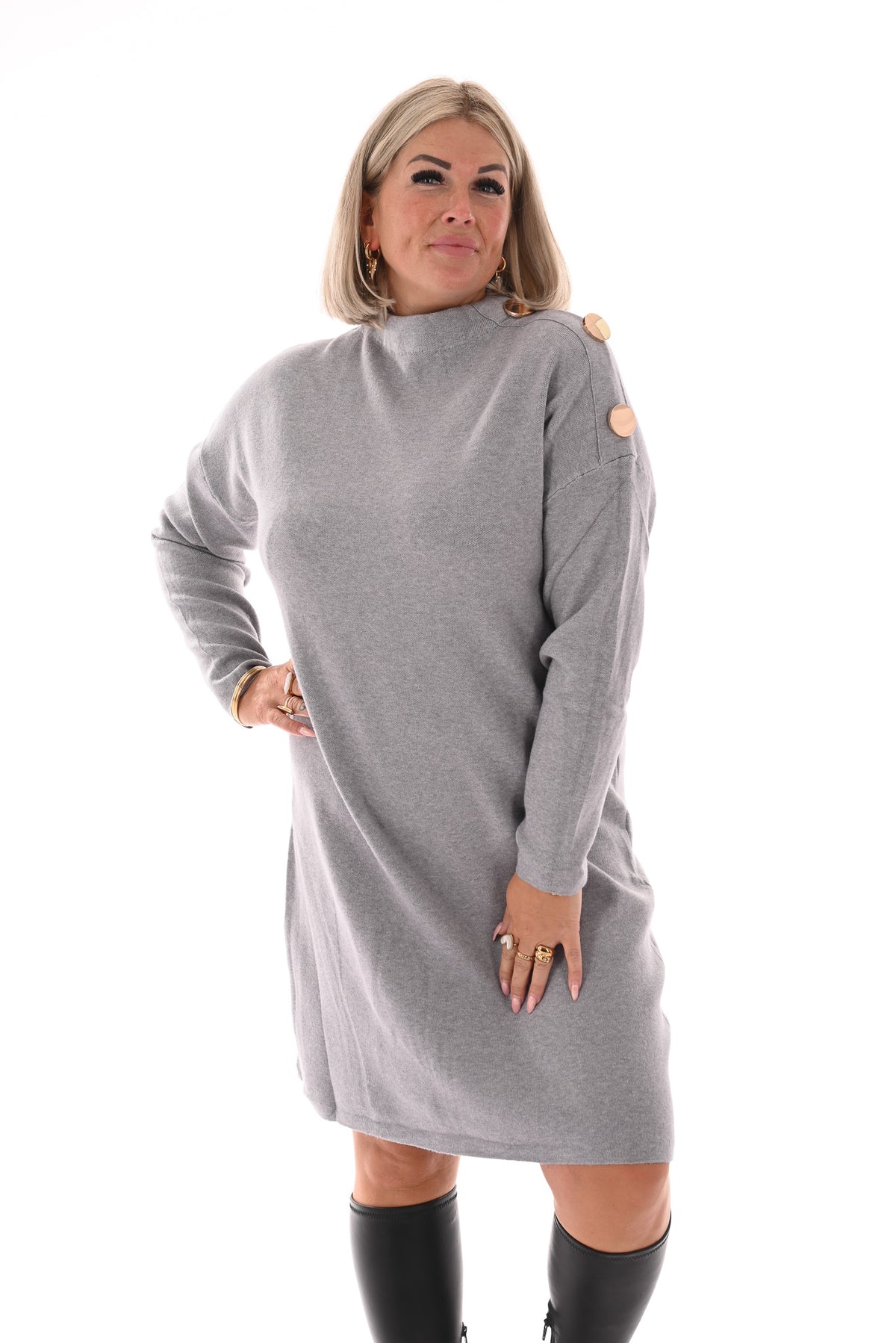 Jurk grote gouden knopen grijs