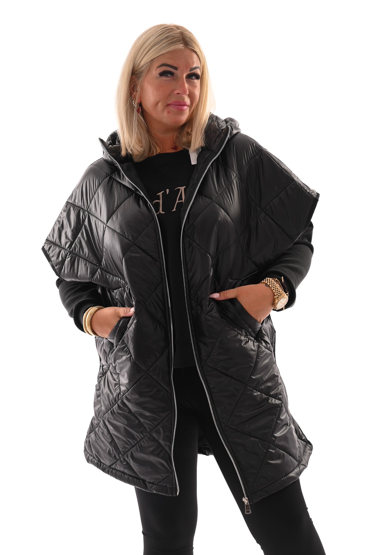 Lange bodywarmer met capuchon zwart