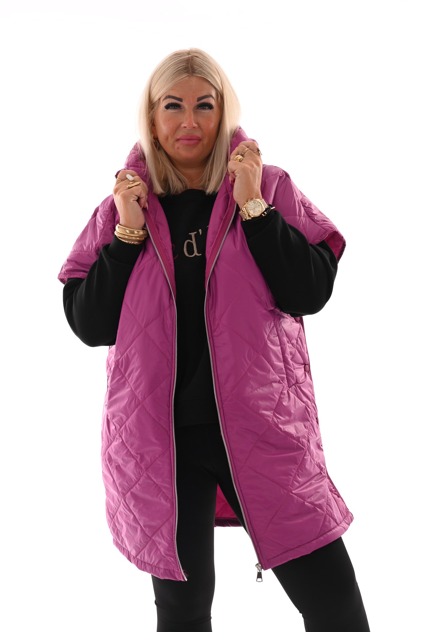 Lange bodywarmer met capuchon cyclaam