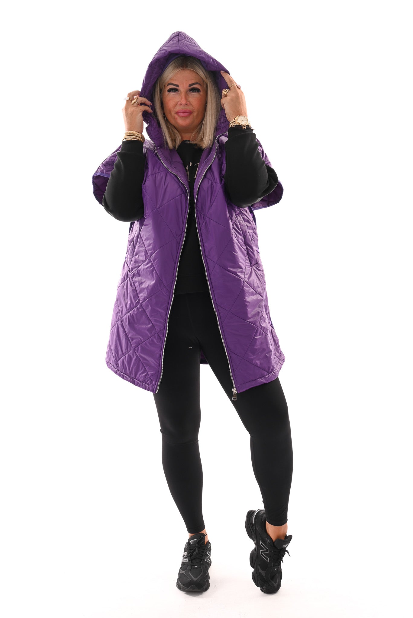 Lange bodywarmer met capuchon paars