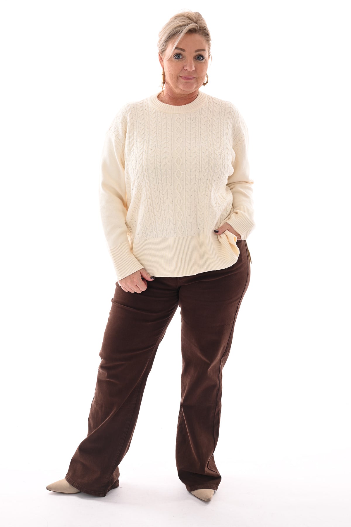 Trui kabels strass creme