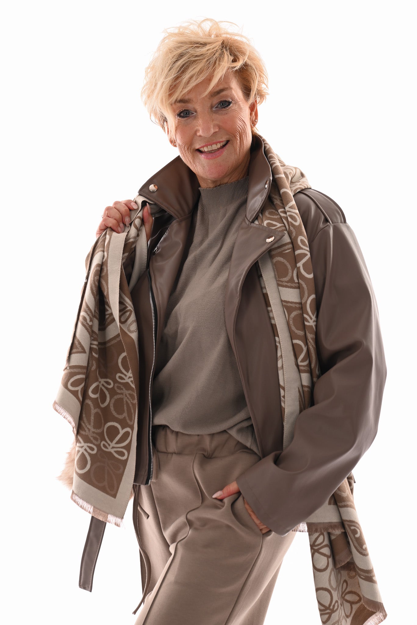 Leren biker jack met rits beige