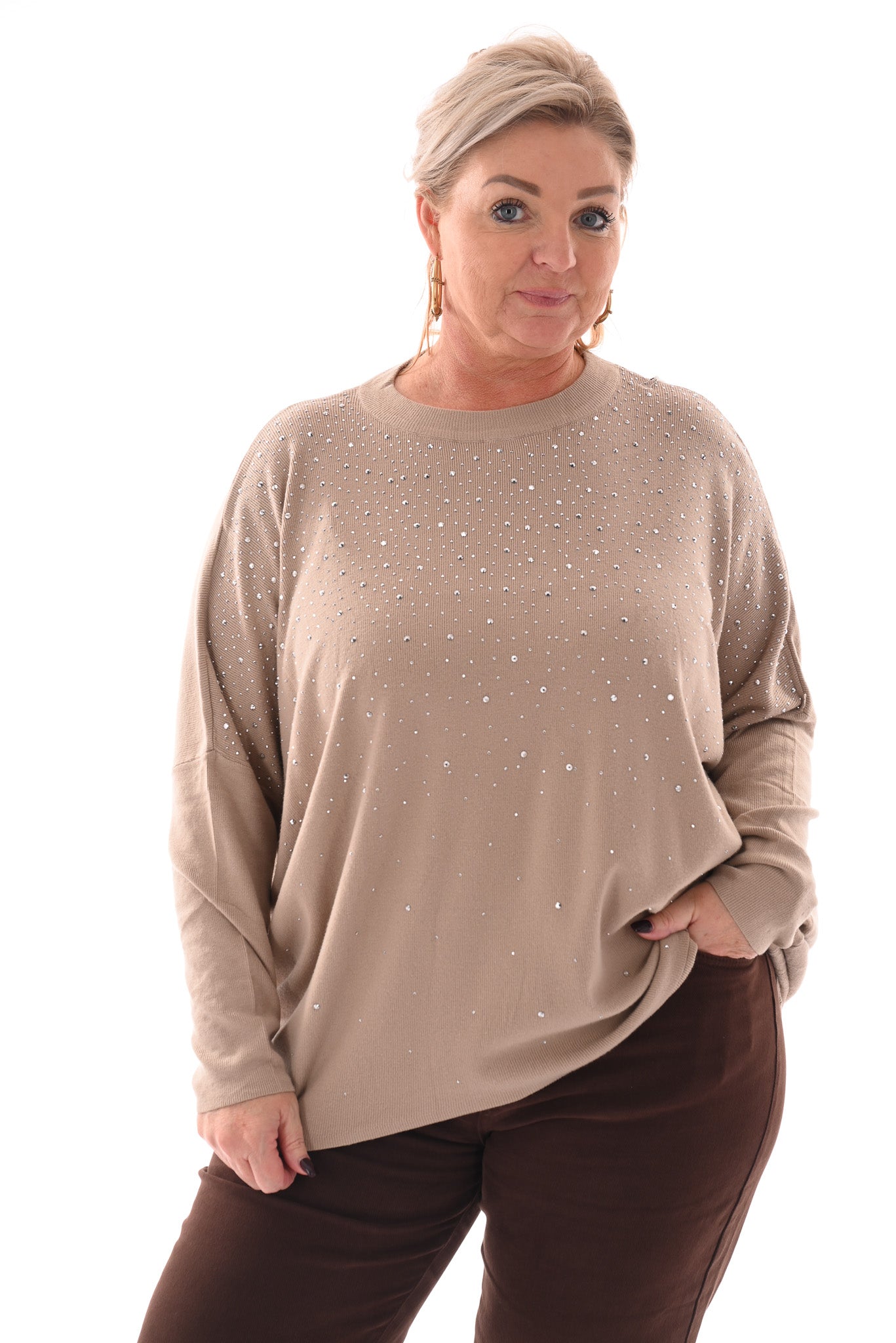 Trui met strassmix camel