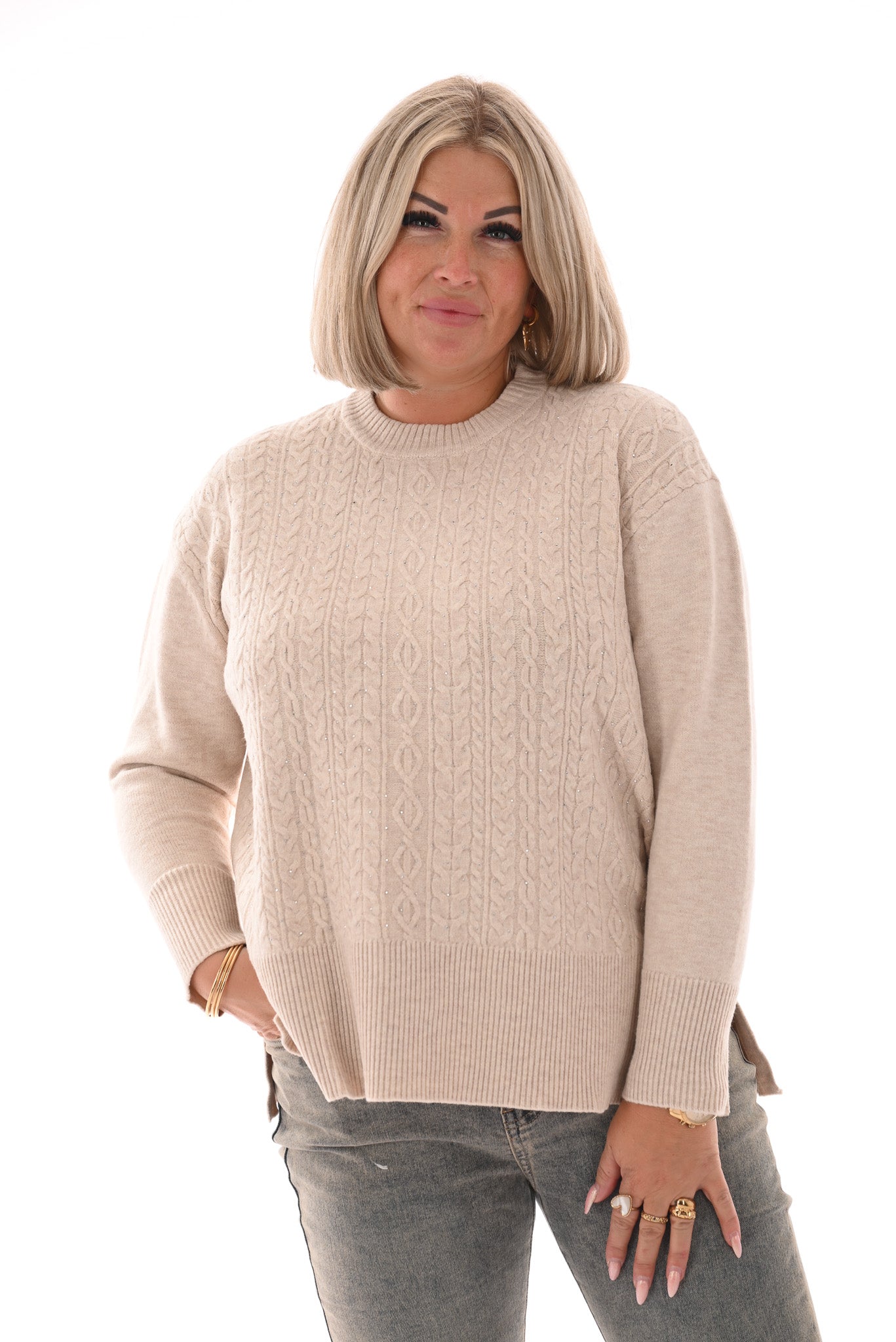 Trui kabels strass beige