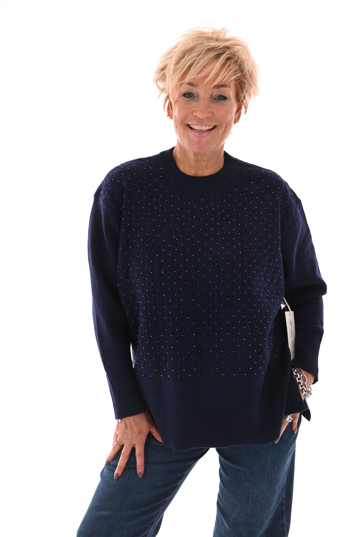 Trui kabels strass marineblauw